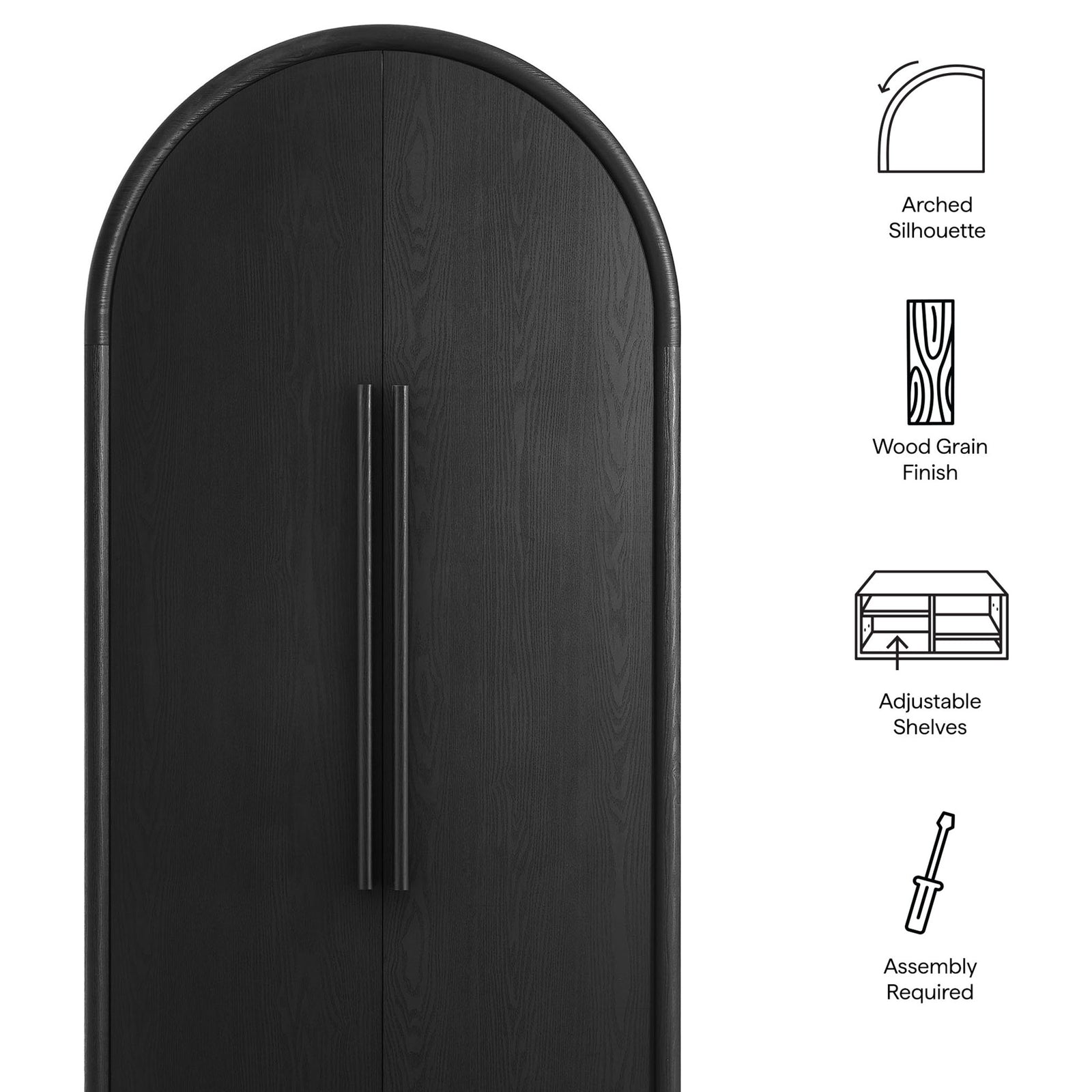 Bellamy black arched cabinet with graphic callouts for silhouette, wood grain finish, and shelves || EEI-7313-BLK || callout_studio