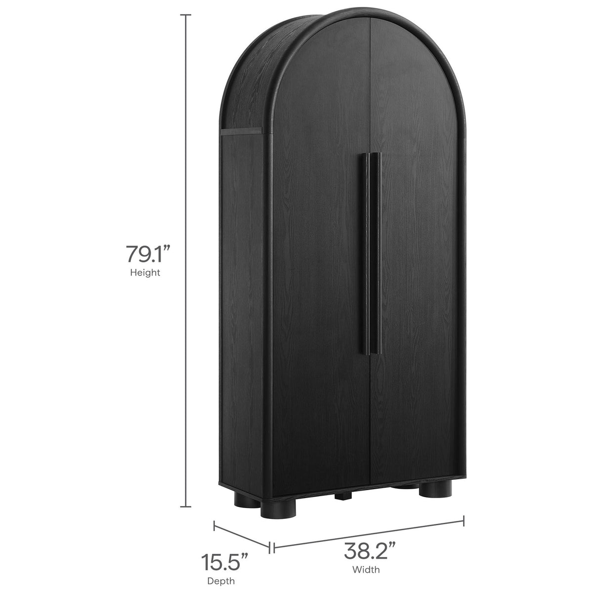 Bellamy black arched storage cabinet shown with labeled height, width, and depth dimensions || EEI-7313-BLK || dimension_studio