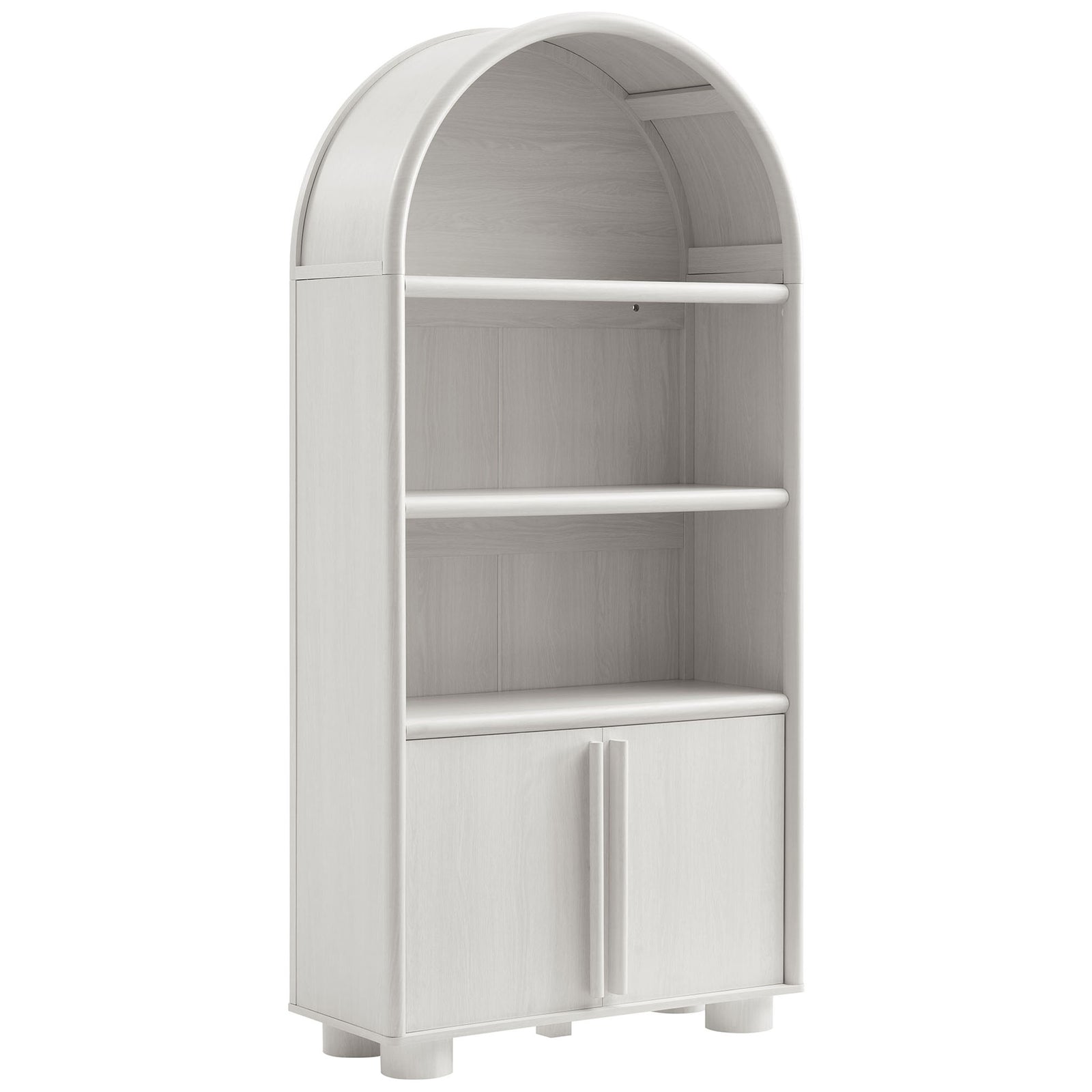 Curved-arch ash bookcase with wood grain finish, open shelving, and elongated door pulls || EEI-7314-ASH || front_angle_studio