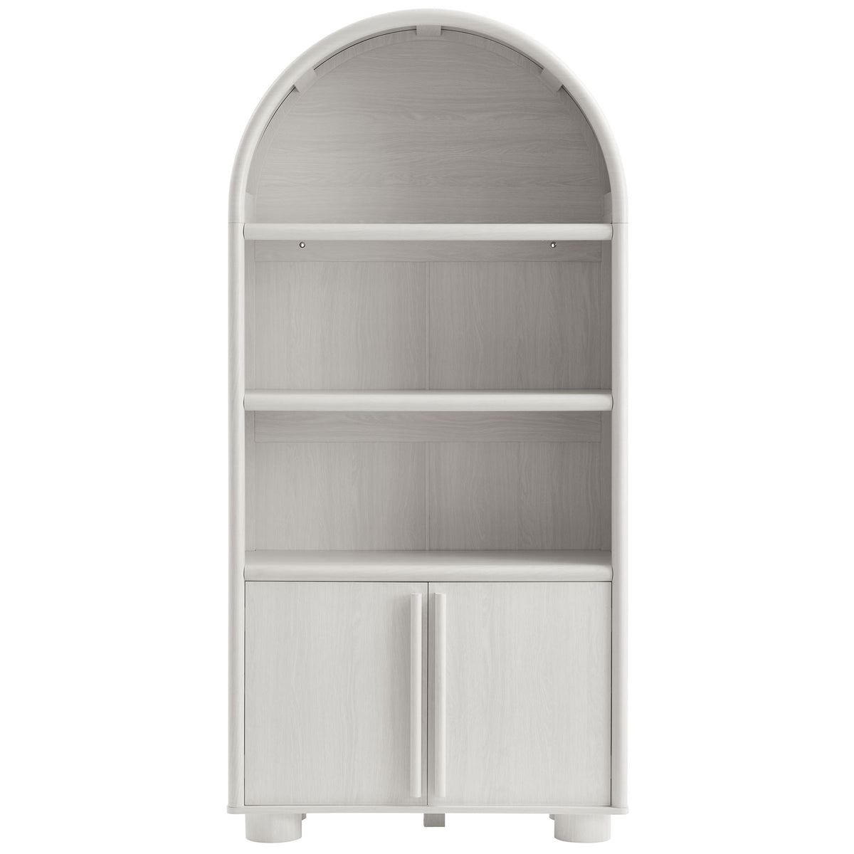 Arched ash bookcase with two open shelves, a two-door cabinet, and rounded feet || EEI-7314-ASH || front_studio