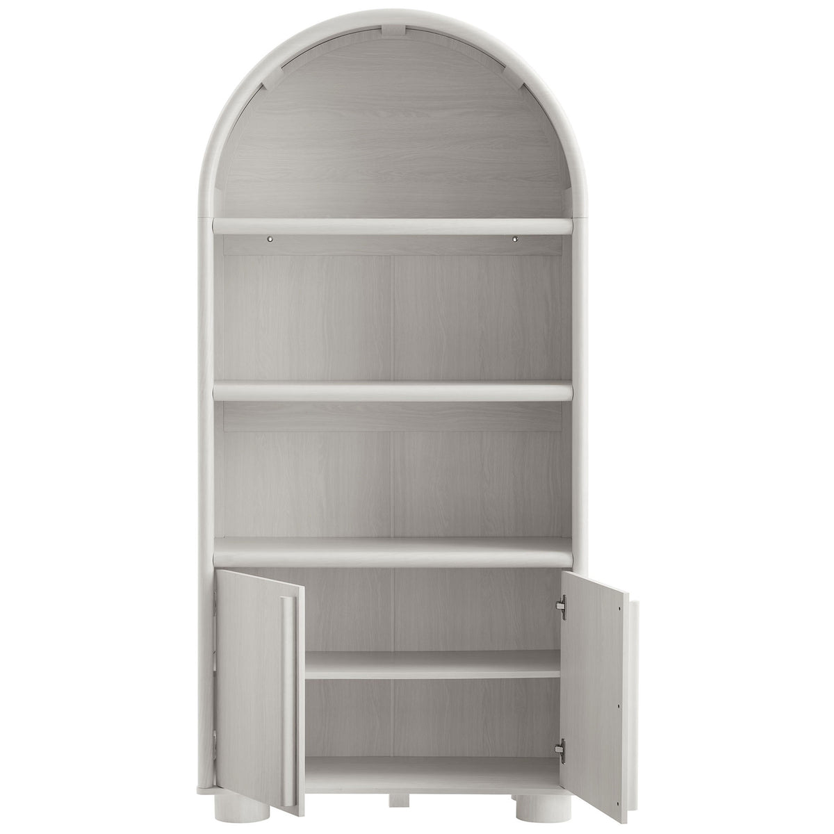 Cabinet doors open to reveal an adjustable shelf under the open display shelves || EEI-7314-ASH || front_open_studio