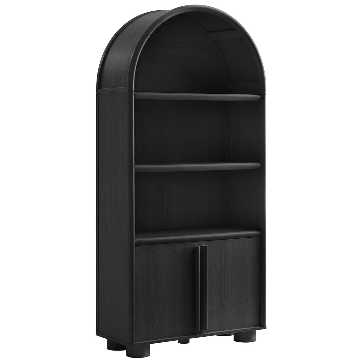 Graceful arched silhouette, wood grain finish, and modern elongated pulls || EEI-7314-BLK || front_angle_studio