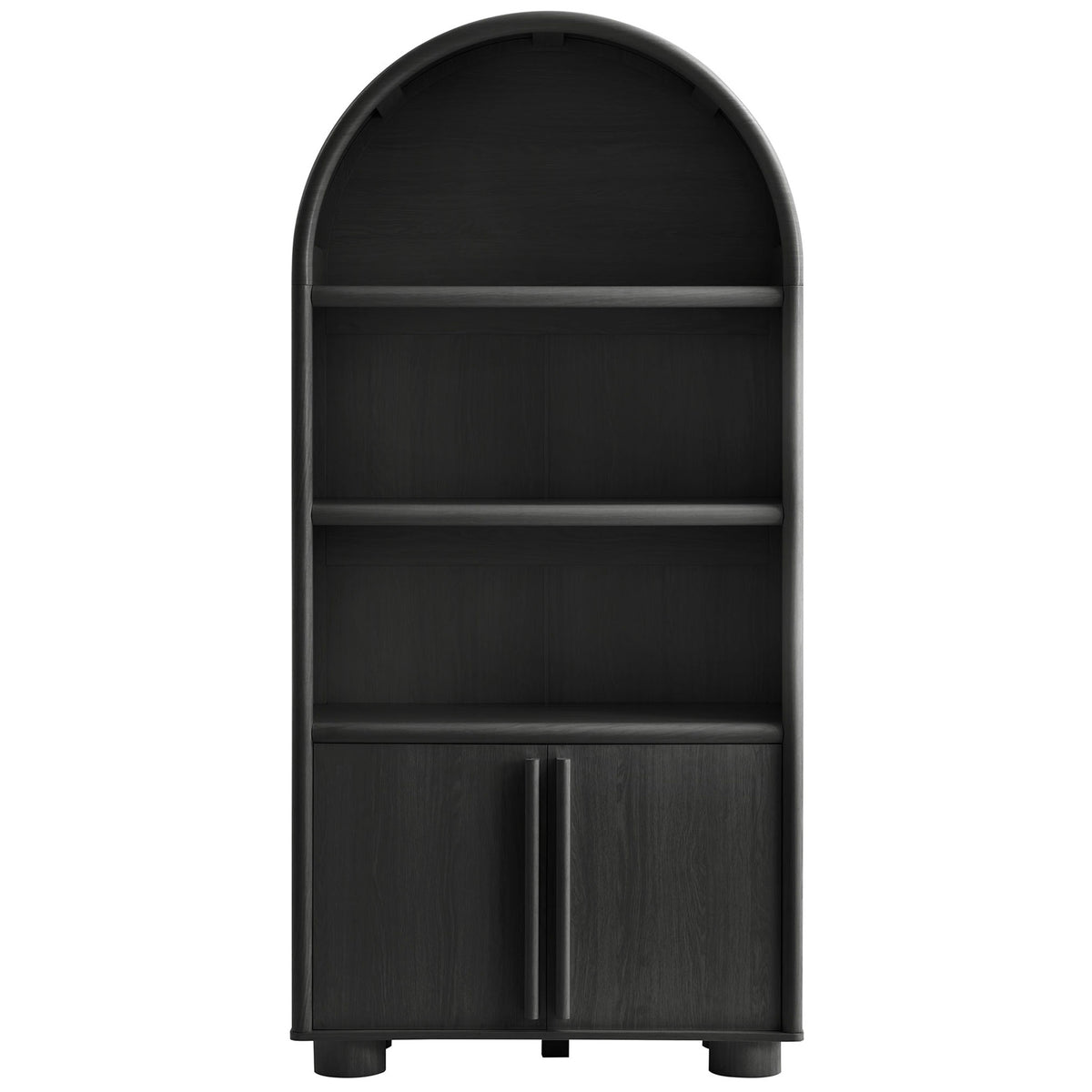 Tall arched bookcase in black oak with open shelves and a double-door cabinet || EEI-7314-BLK || front_studio