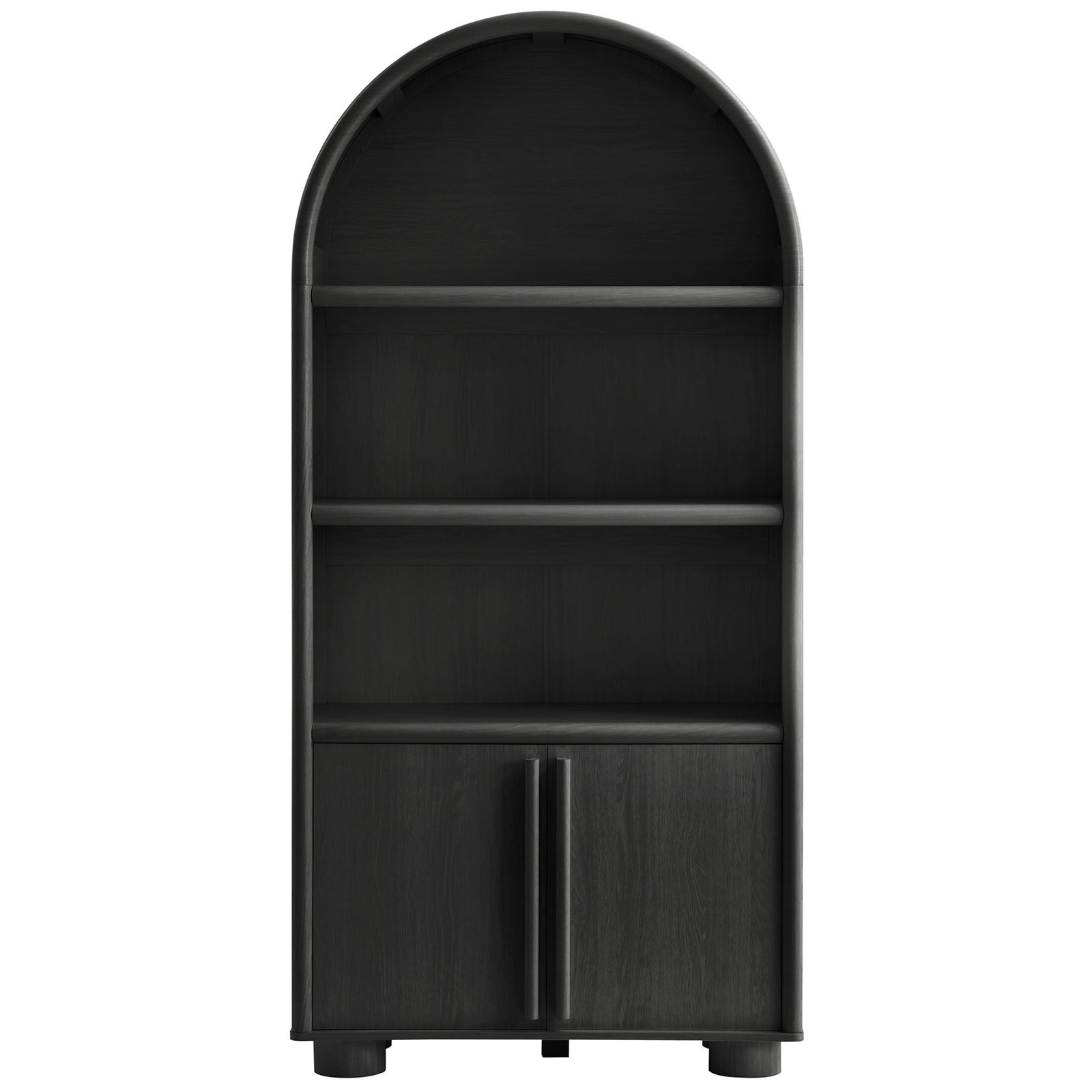 Tall arched bookcase in black oak with open shelves and a double-door cabinet || EEI-7314-BLK || front_studio