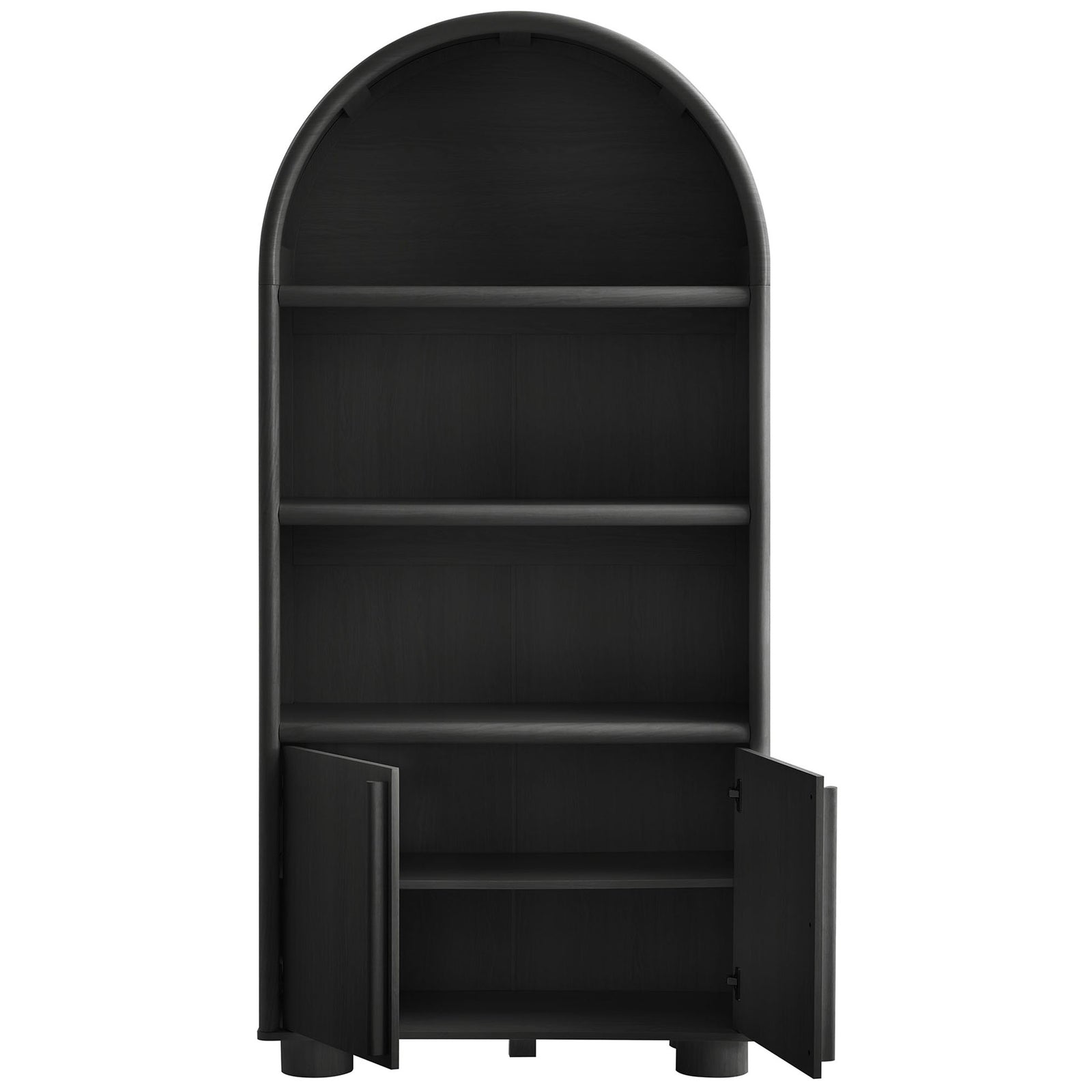 Cabinet doors open to reveal an adjustable shelf beneath spacious display tiers || EEI-7314-BLK || front_open_studio