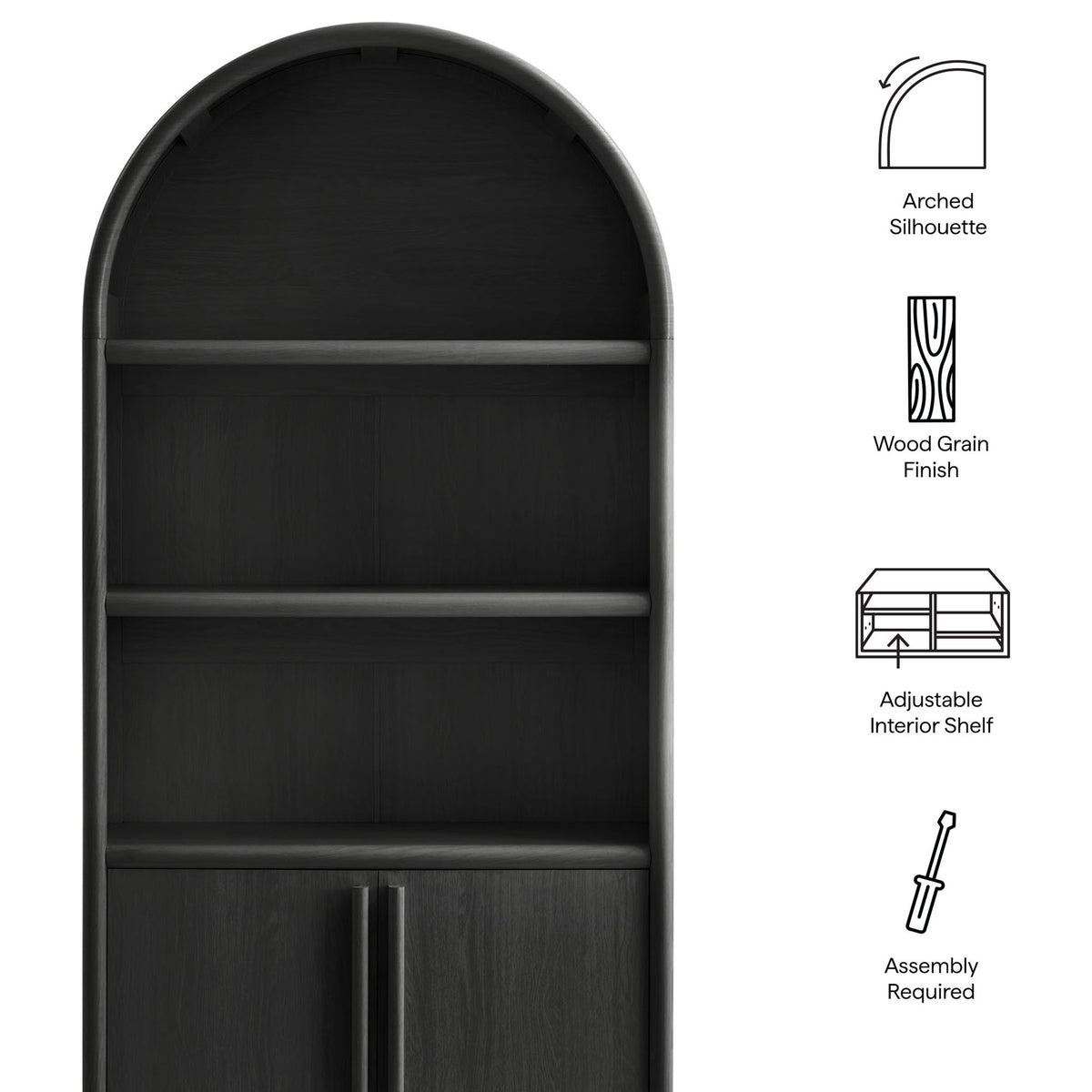 Arched silhouette with wood grain finish and adjustable interior shelf; assembly required || EEI-7314-BLK || callout_studio