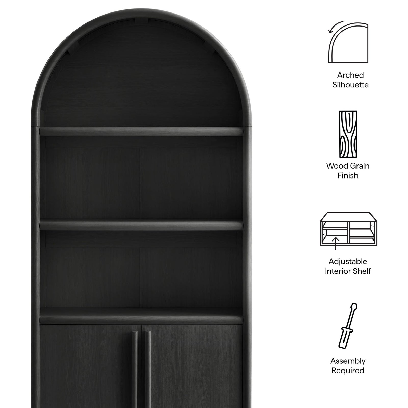 Arched silhouette with wood grain finish and adjustable interior shelf; assembly required || EEI-7314-BLK || callout_studio