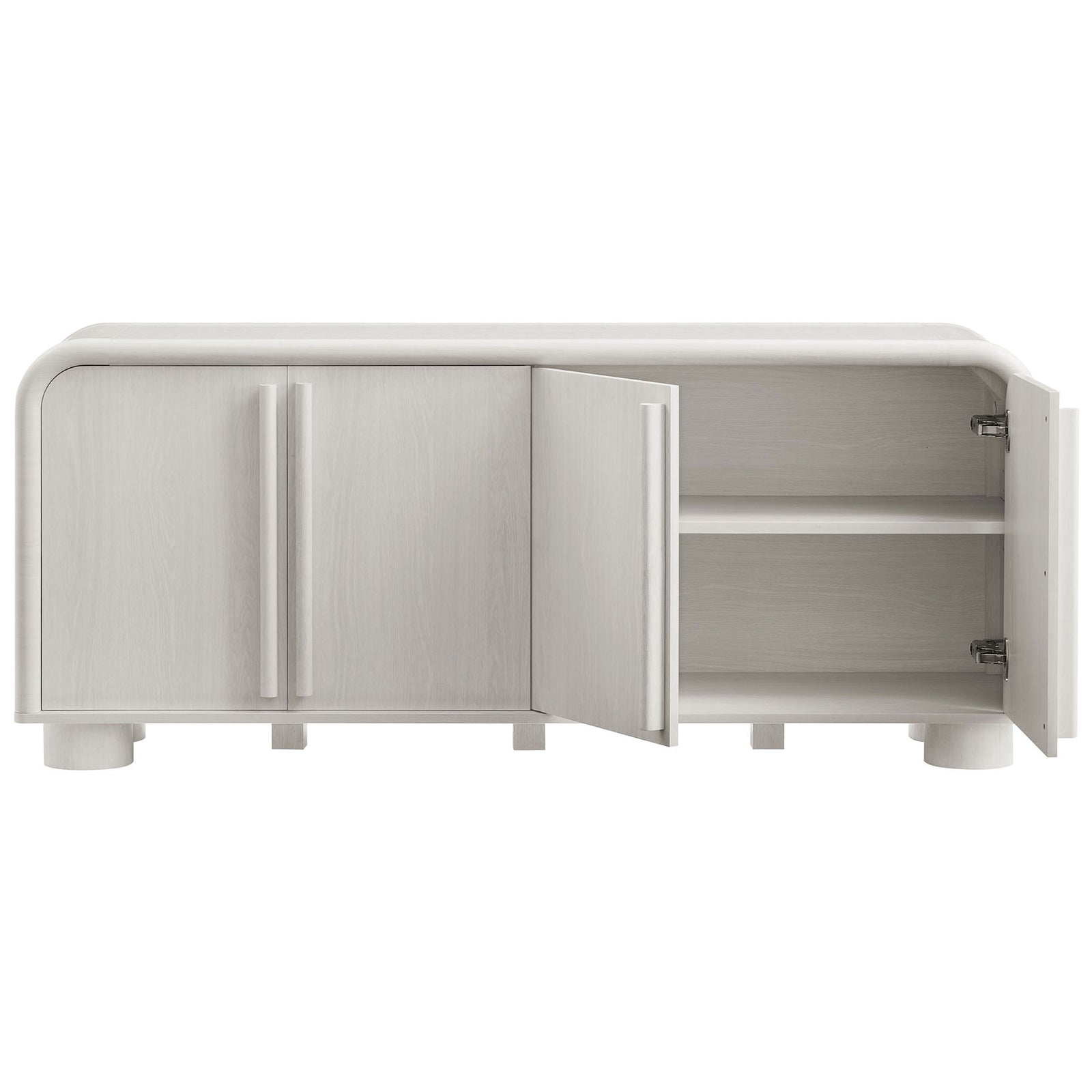Ash sideboard cabinet with twin doors open to showcase adjustable shelving for hidden storage || EEI-7315-ASH || front_open_studio