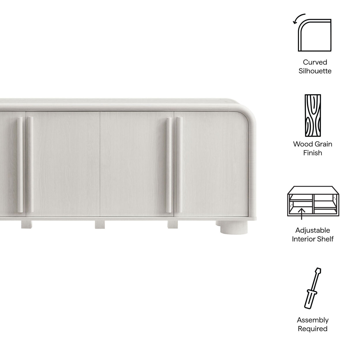 Feature icons outlining the curved silhouette, wood grain finish, adjustable shelf, and assembly needs || EEI-7315-ASH || callout_studio