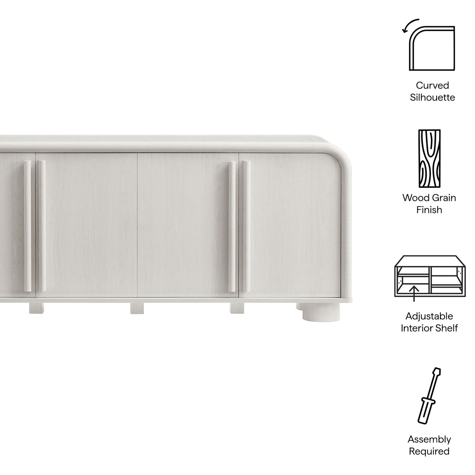 Feature icons outlining the curved silhouette, wood grain finish, adjustable shelf, and assembly needs || EEI-7315-ASH || callout_studio