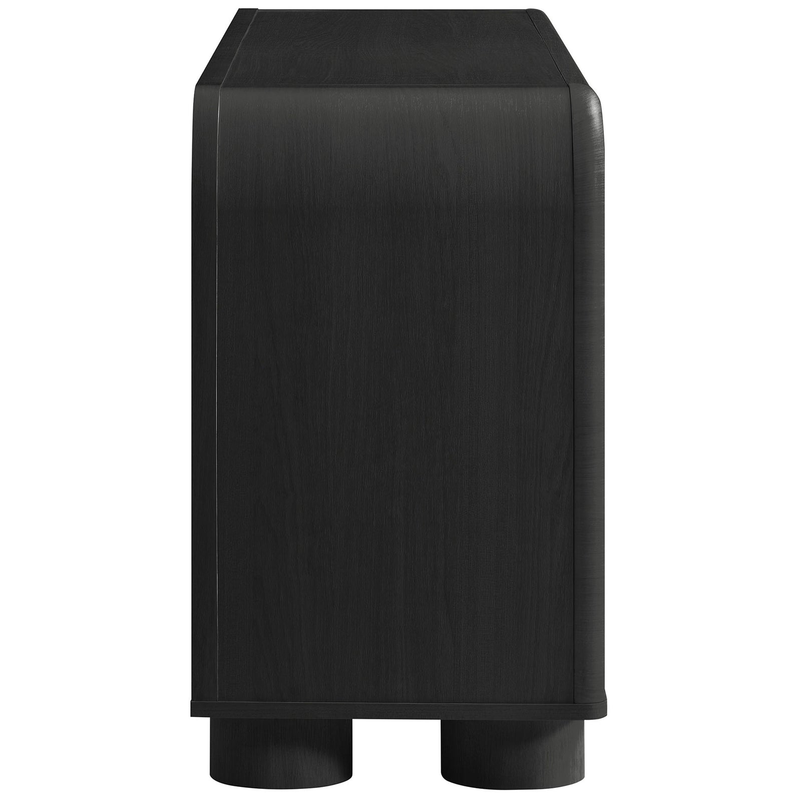 Streamlined black oak cabinet profile showcasing the smooth curved edging and subtle wood grain texture || EEI-7315-BLK || side_studio