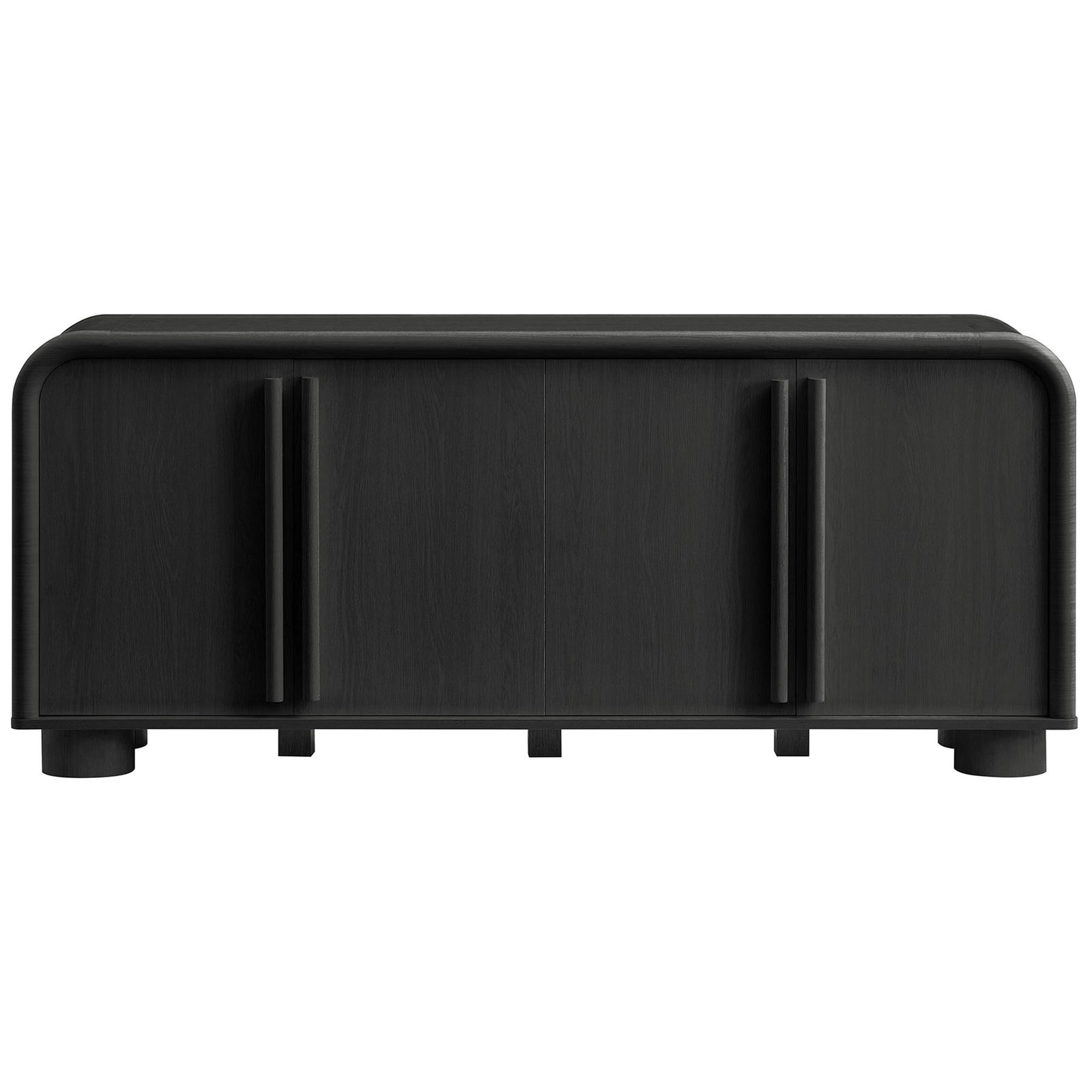 Curved black oak sideboard cabinet with four paneled doors and tall vertical pull handles || EEI-7315-BLK || front_studio