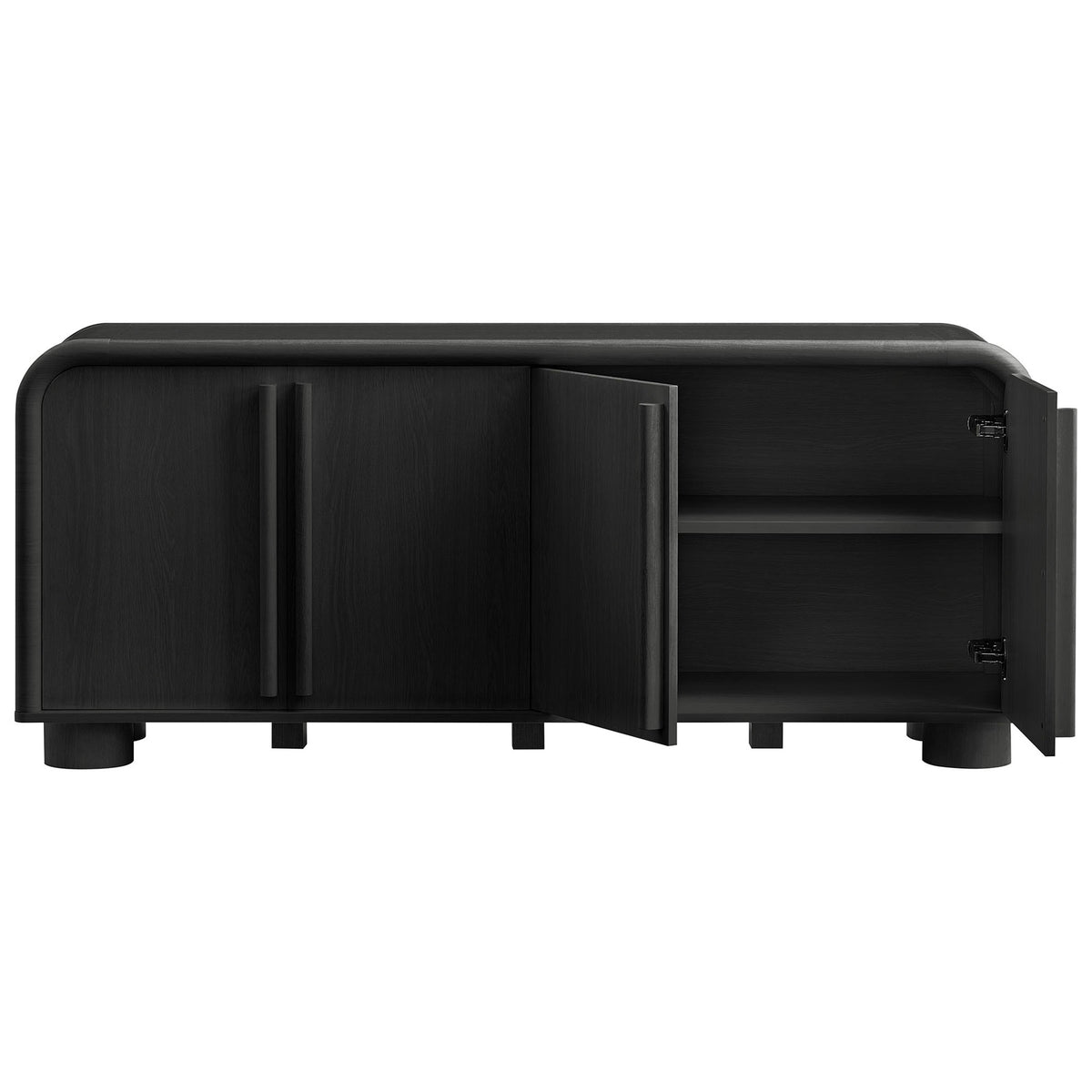 Black oak sideboard cabinet with right doors open revealing adjustable interior shelving || EEI-7315-BLK || front_open_studio