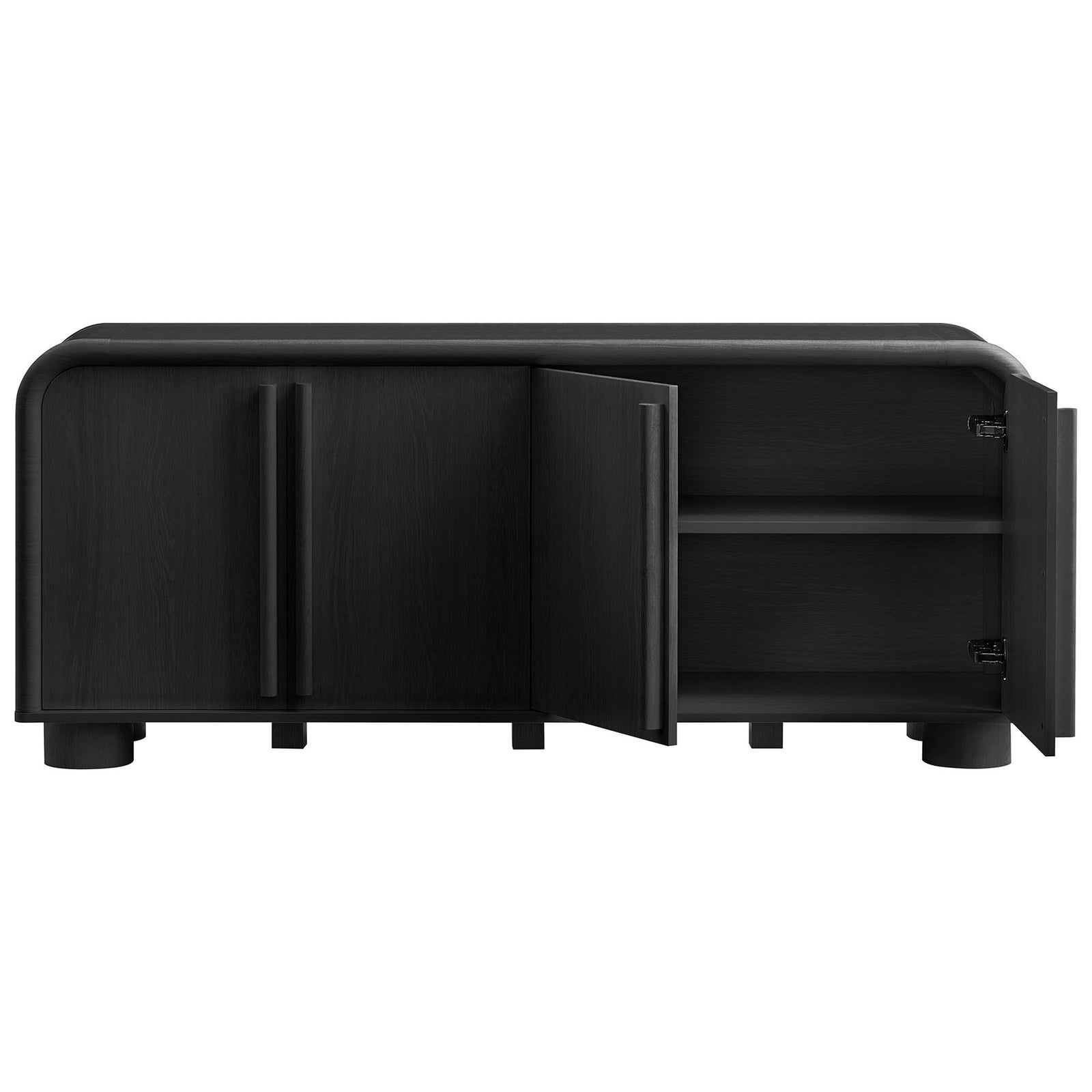 Black oak sideboard cabinet with right doors open revealing adjustable interior shelving || EEI-7315-BLK || front_open_studio