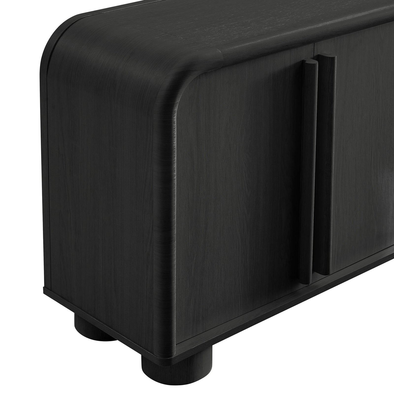 Detailed view of the rounded black oak corner and sculpted vertical handle of the Bellamy cabinet || EEI-7315-BLK || detail_studio