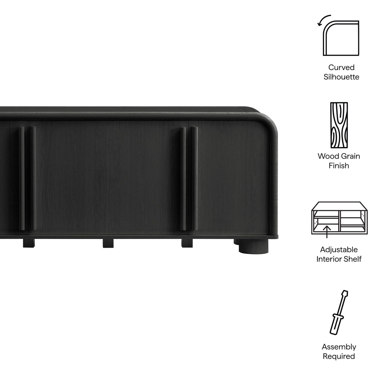 Black oak Bellamy sideboard with illustrated callouts to its curved silhouette, wood grain, and adjustable shelf || EEI-7315-BLK || callout_studio