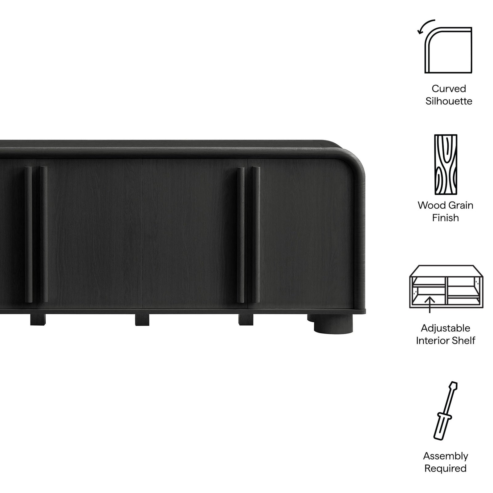 Black oak Bellamy sideboard with illustrated callouts to its curved silhouette, wood grain, and adjustable shelf || EEI-7315-BLK || callout_studio