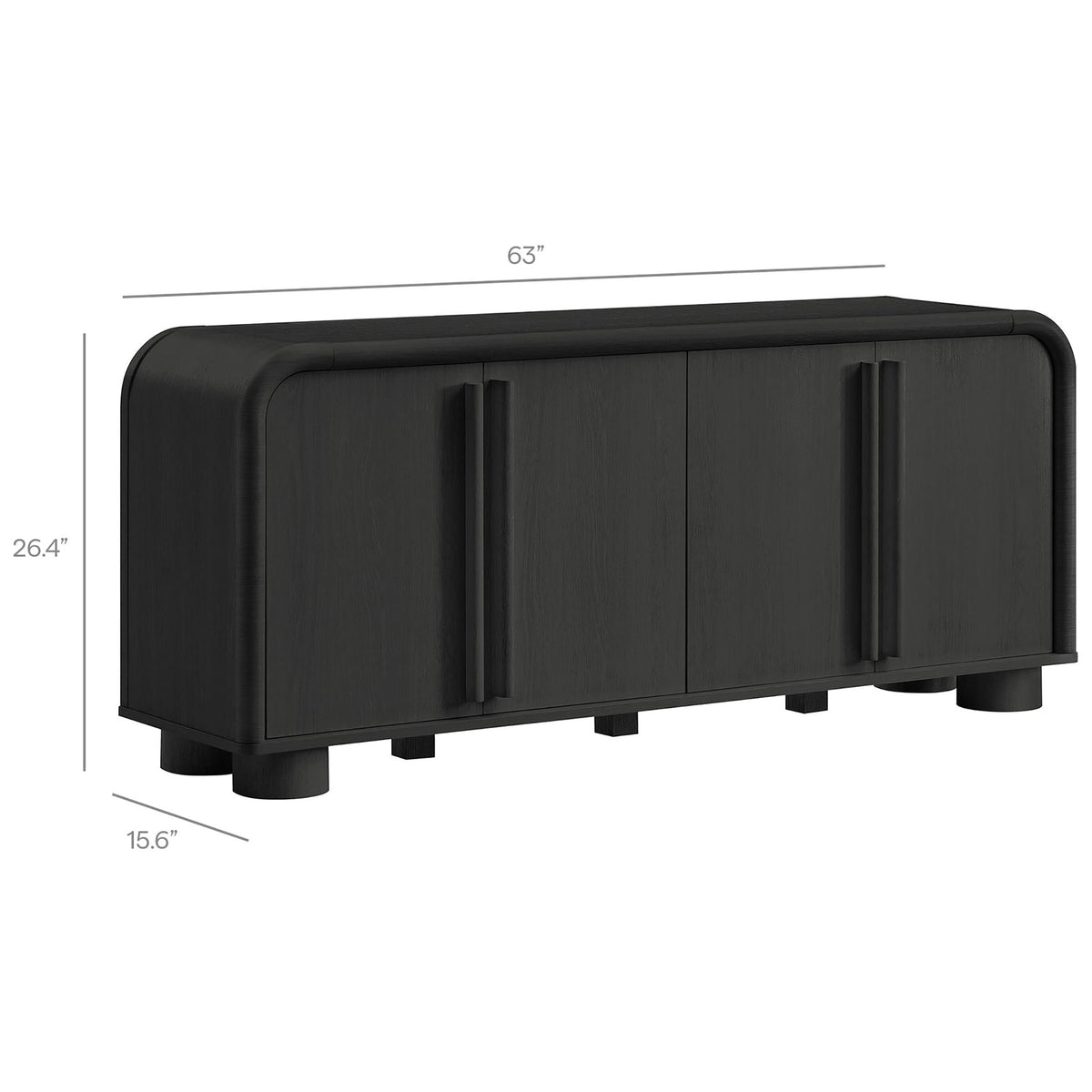 Bellamy curved sideboard cabinet in black oak with overlaid width, depth, and height dimension lines || EEI-7315-BLK || dimension_studio