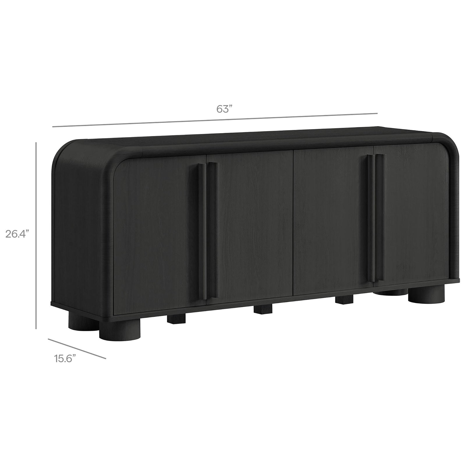 Bellamy curved sideboard cabinet in black oak with overlaid width, depth, and height dimension lines || EEI-7315-BLK || dimension_studio