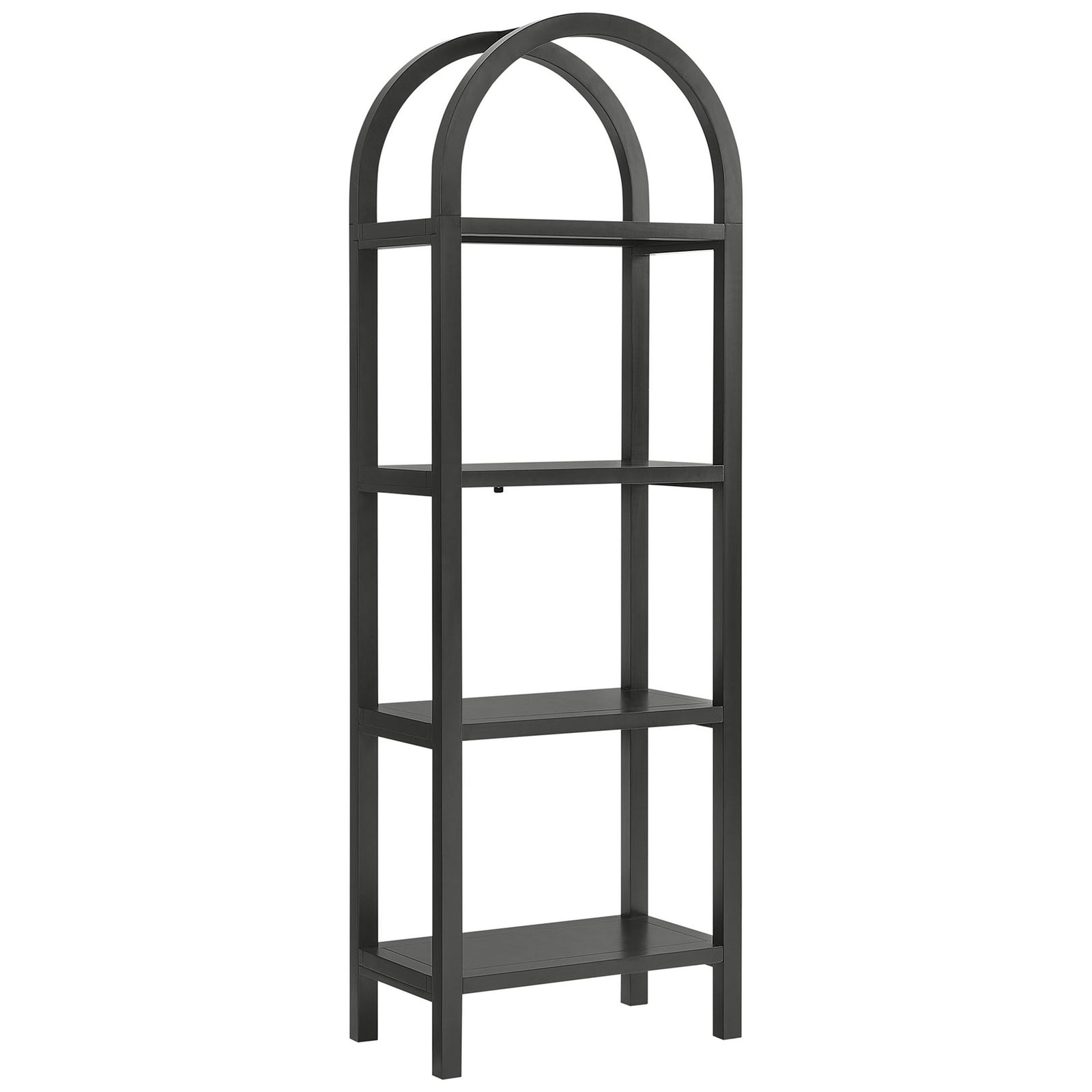 Slim black arched bookshelf with four pine shelves and a modern sculptural frame || EEI-7316-BLK || front_angle_studio