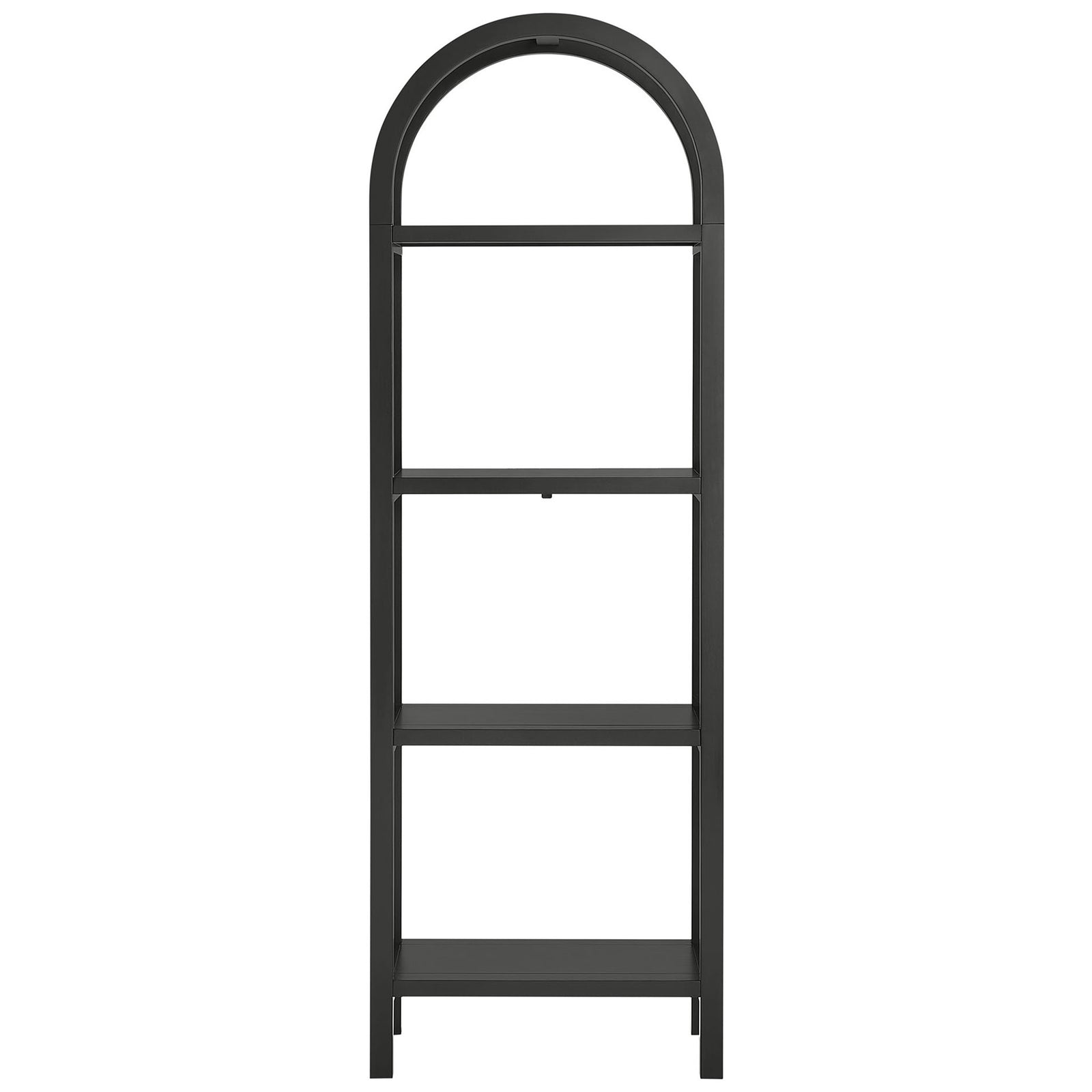 Vexley narrow arched bookshelf in black with four open shelves and non-marking floor glides || EEI-7316-BLK || front_studio