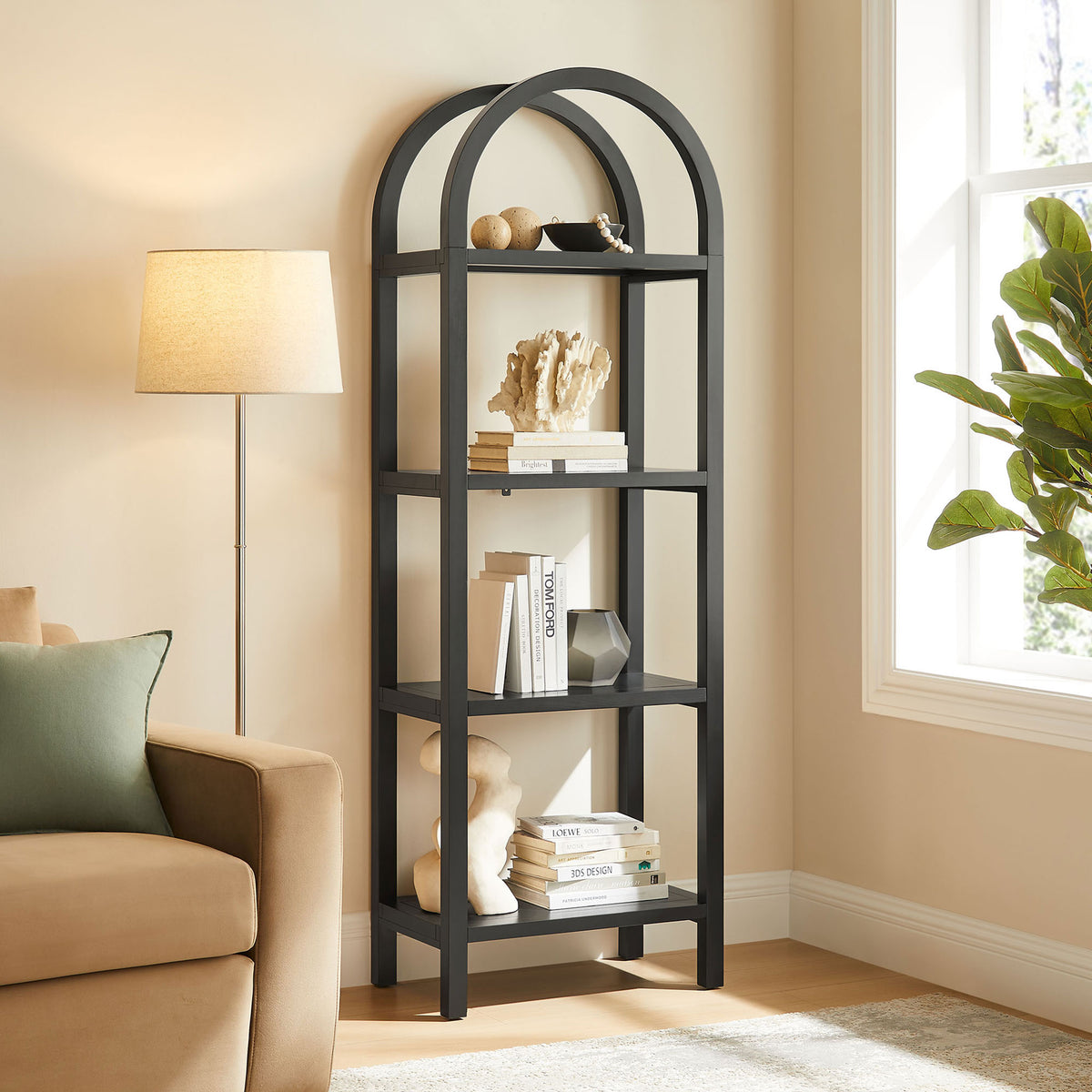 Sculptural arched bookcase elevates a cozy living room with open display and airy design || EEI-7316-BLK || front_angle_room