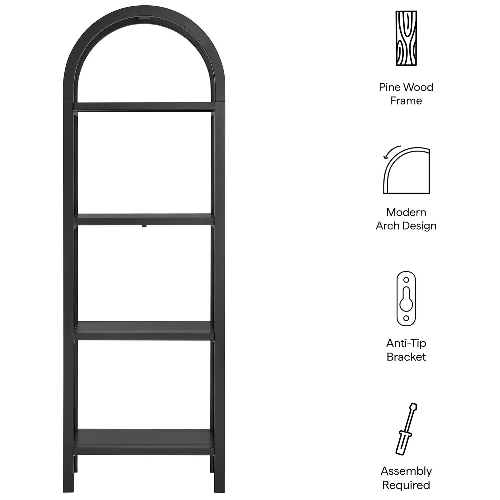 Key features include pine wood frame, modern arch design, anti-tip bracket, and easy assembly || EEI-7316-BLK || callout_studio
