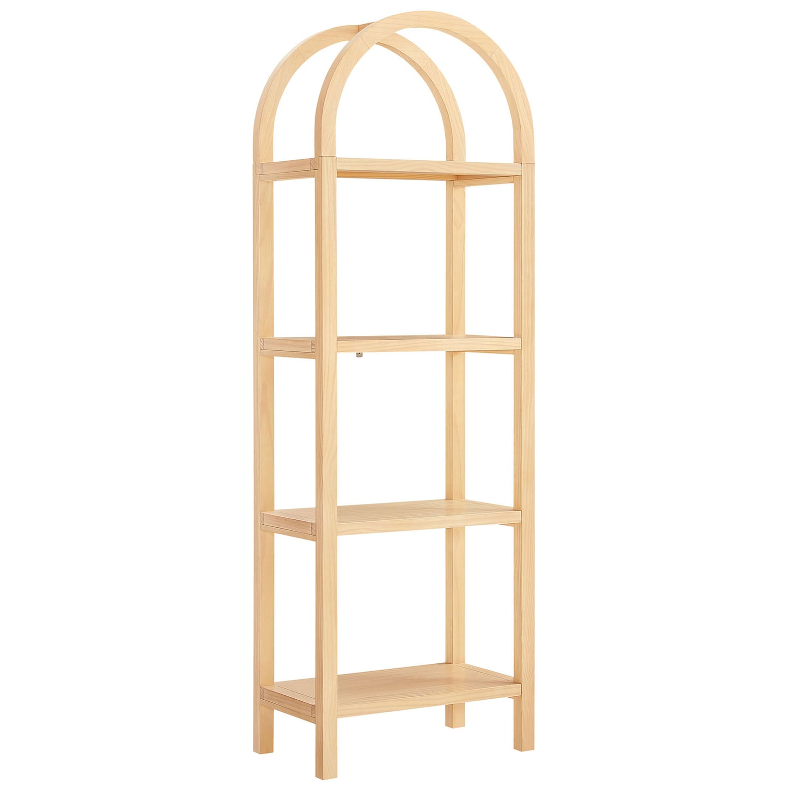Sculptural narrow bookcase showcases a graceful arch and clean pine wood shelves || EEI-7316-NAT || front_angle_studio
