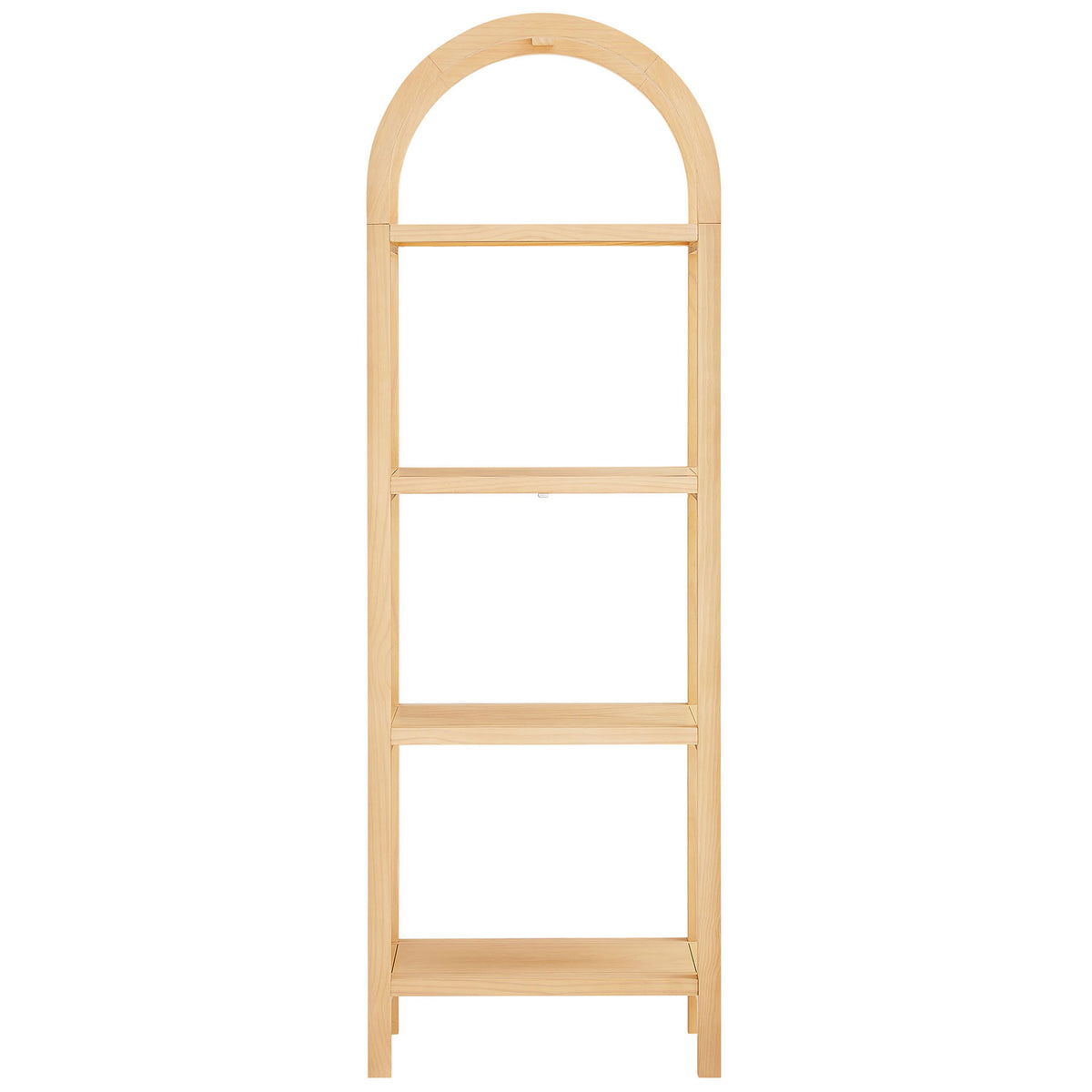 Slim arched bookshelf in natural wood with four open shelves and airy curved frame || EEI-7316-NAT || front_studio
