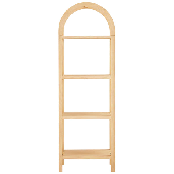 Slim arched bookshelf in natural wood with four open shelves and airy curved frame || EEI-7316-NAT || front_studio