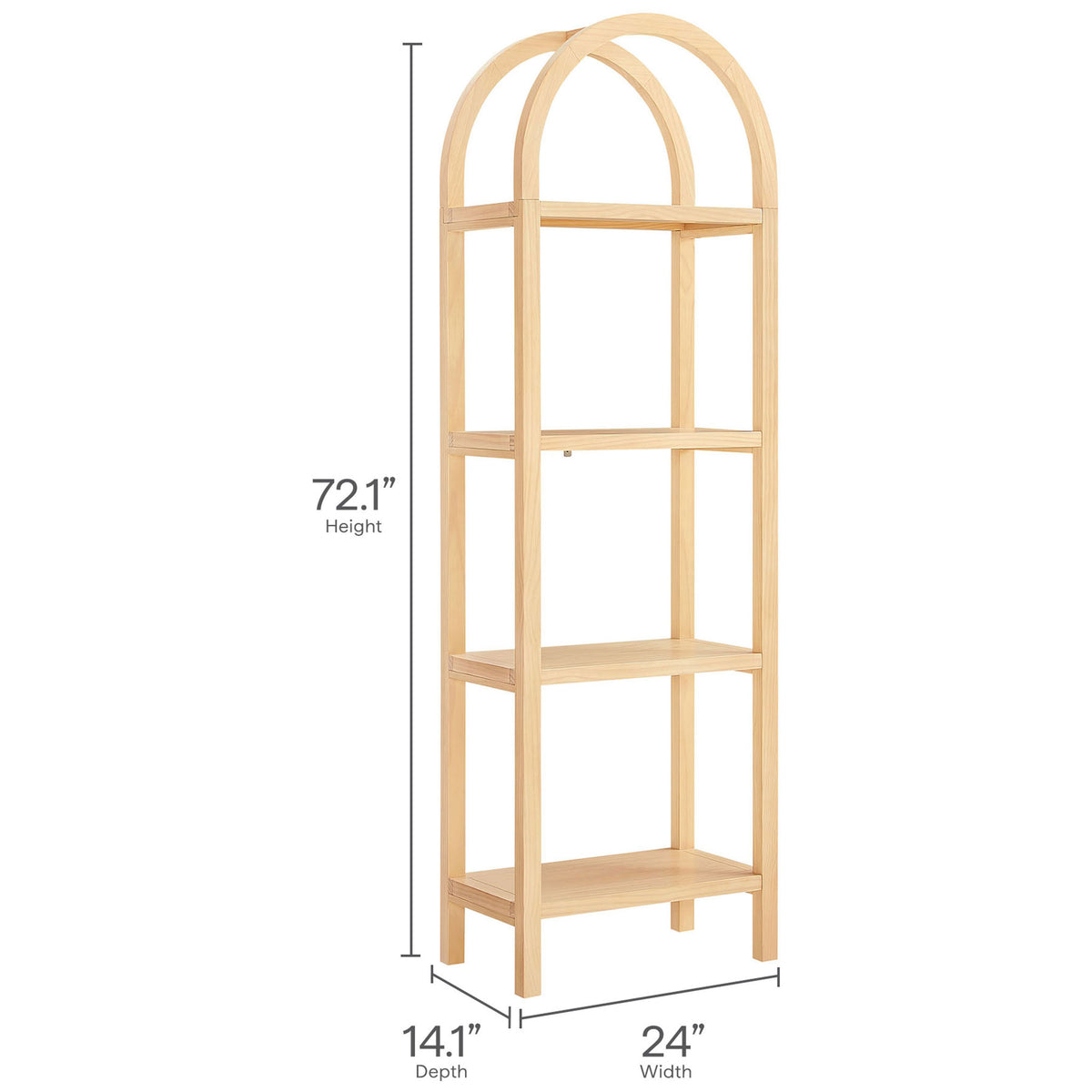 72 inch tall narrow arched bookshelf with clearly marked width and depth measurements || EEI-7316-NAT || dimension_studio