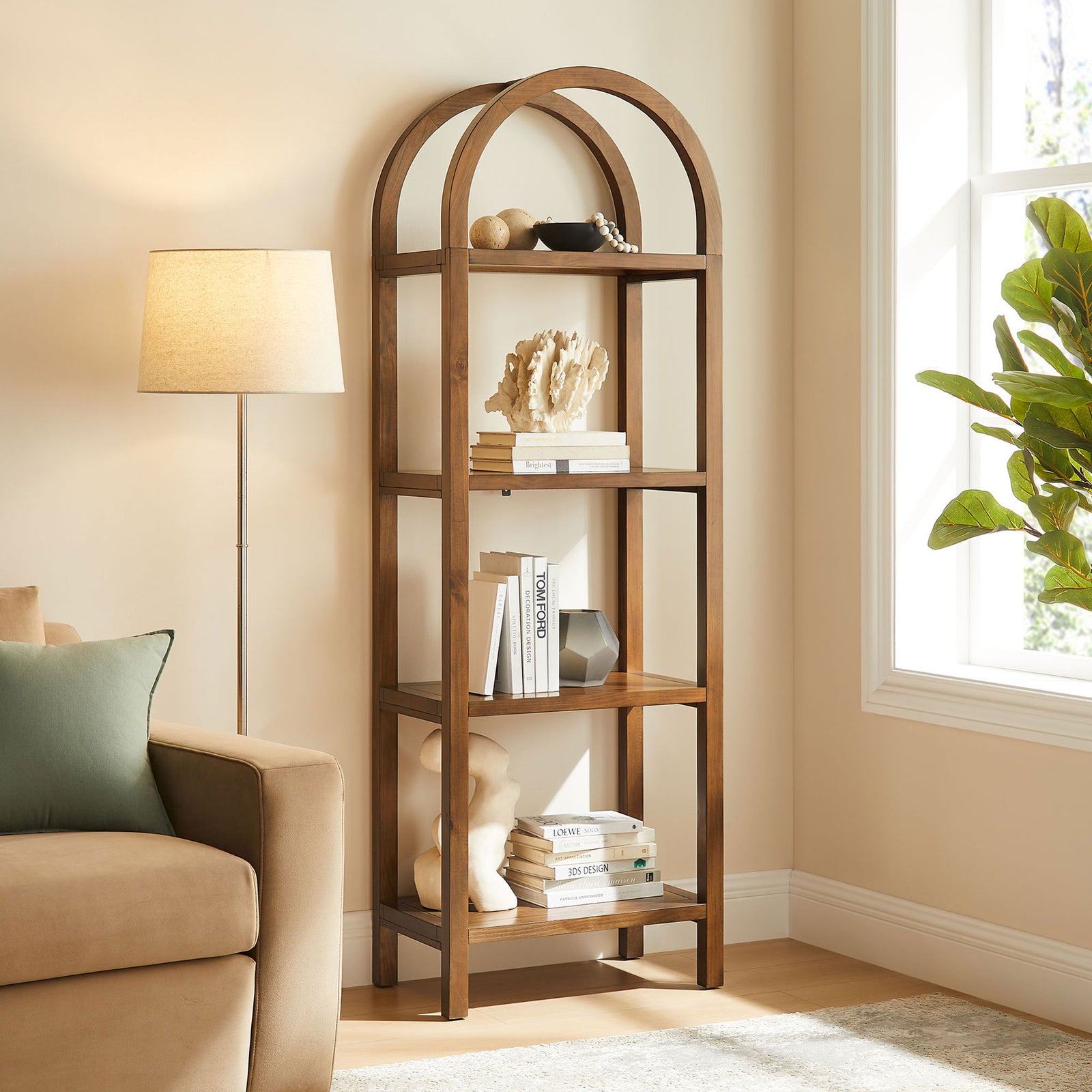 Narrow arched bookshelf brings sculptural warmth to a cozy living space || EEI-7316-WAL || front_angle_room