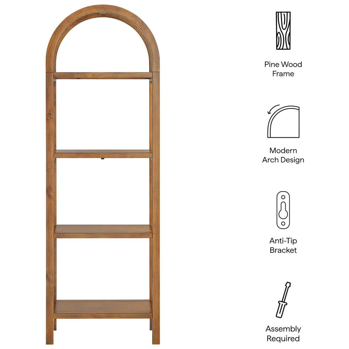 Key features include pine wood frame, modern arch design, anti-tip safety, and easy assembly || EEI-7316-WAL || callout_studio