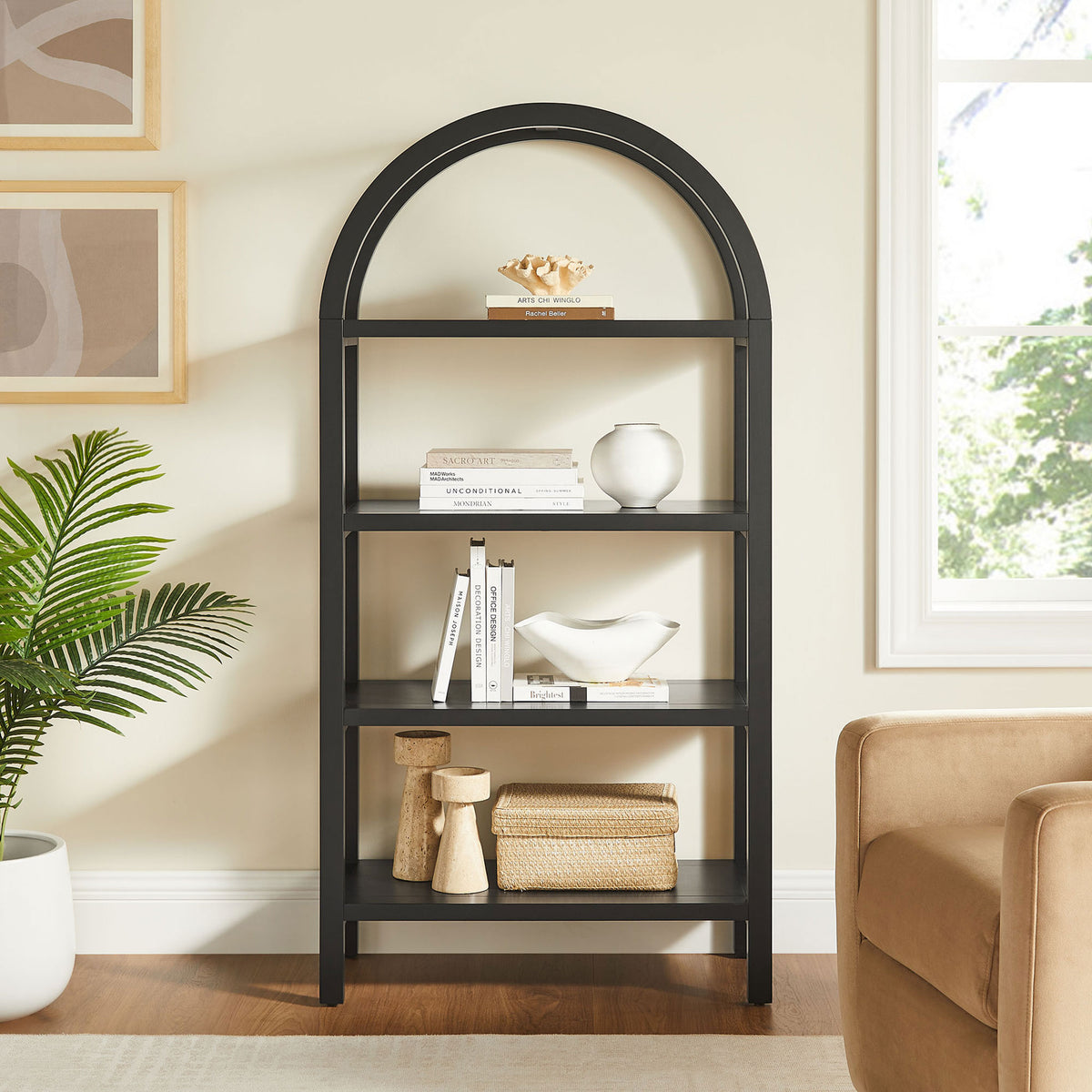 Arched black bookcase brings sculptural style and ample storage to living spaces || EEI-7317-BLK || front_room
