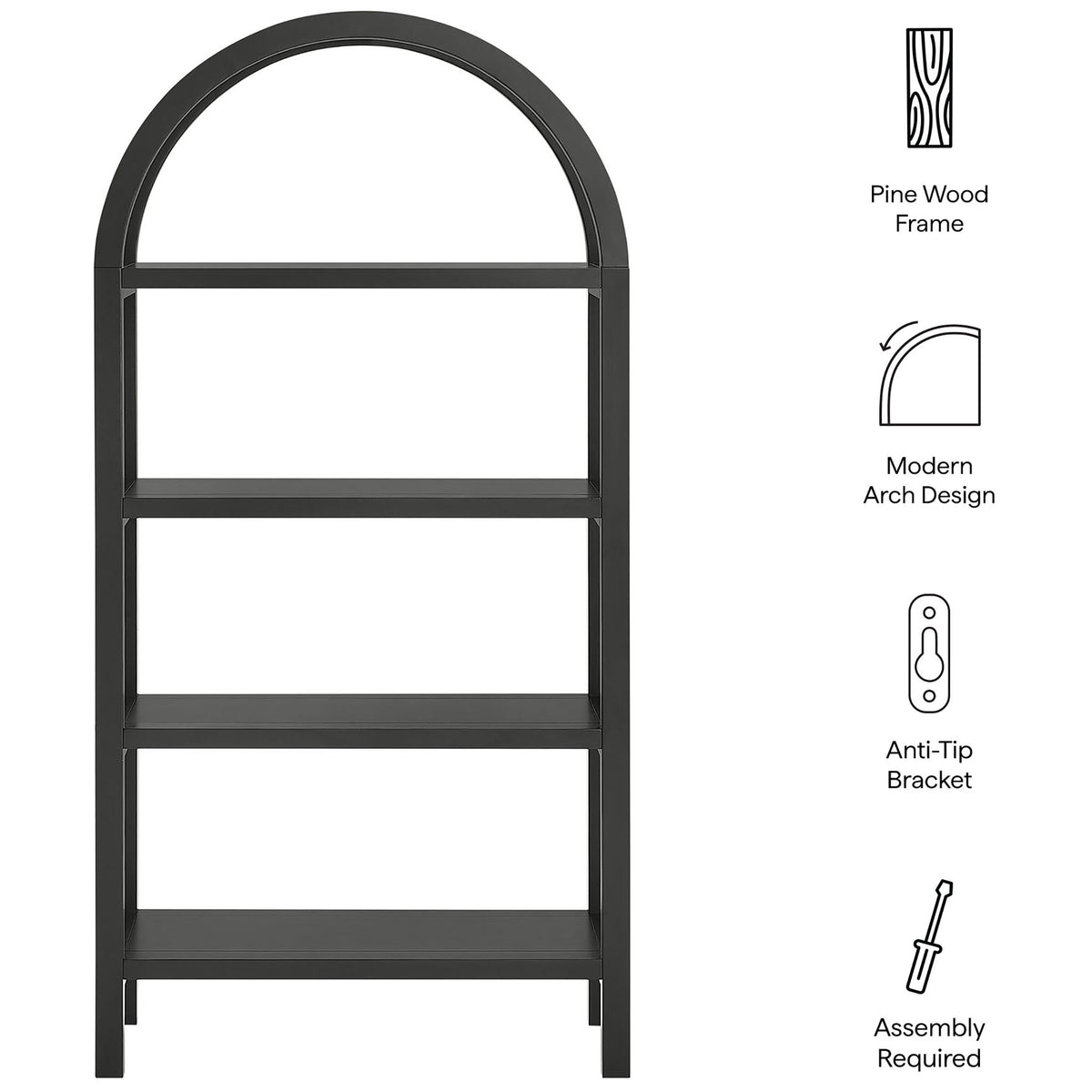 Feature callouts highlight pine wood frame, modern arch design, and anti-tip bracket || EEI-7317-BLK || callout_studio