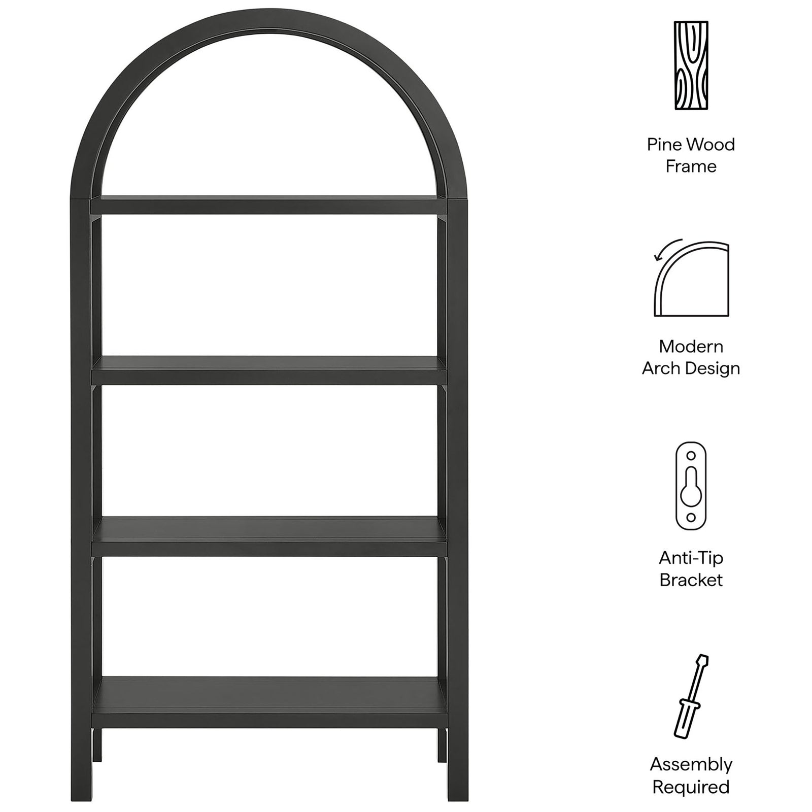 Feature callouts highlight pine wood frame, modern arch design, and anti-tip bracket || EEI-7317-BLK || callout_studio