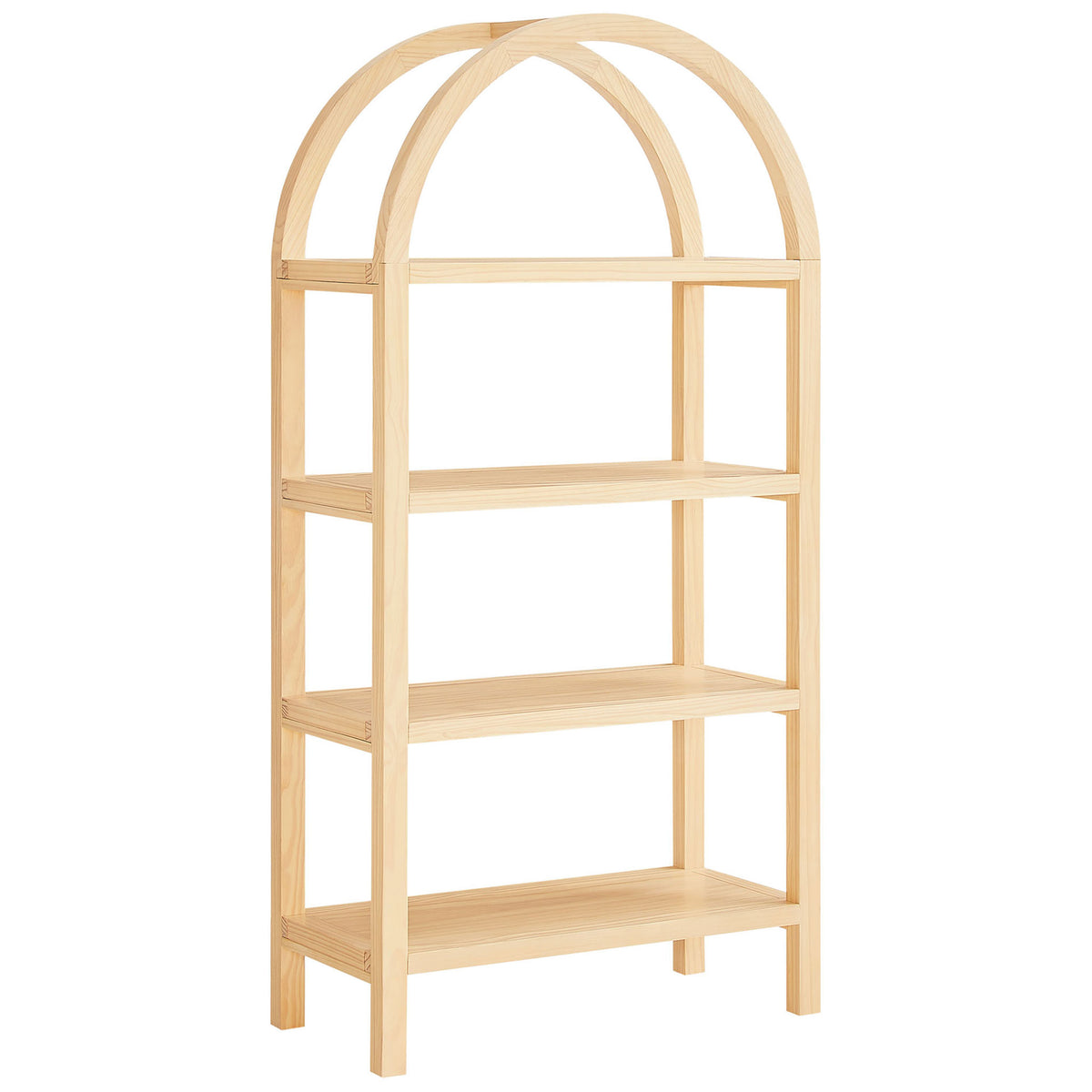 Airy arched bookcase crafted from pine with a light natural finish and four spacious shelves || EEI-7317-NAT || front_angle_studio