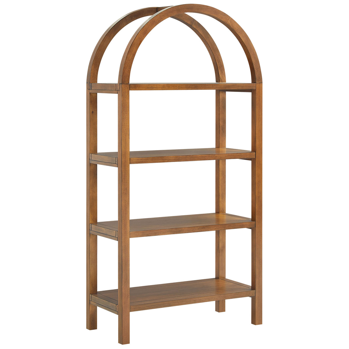 Graceful arch silhouette in a warm walnut finish with open shelving for books and decor || EEI-7317-WAL || front_angle_studio