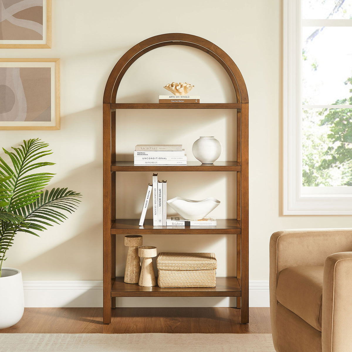 Statement arched bookcase adds sculptural warmth and airy display space to your living area || EEI-7317-WAL || front_room