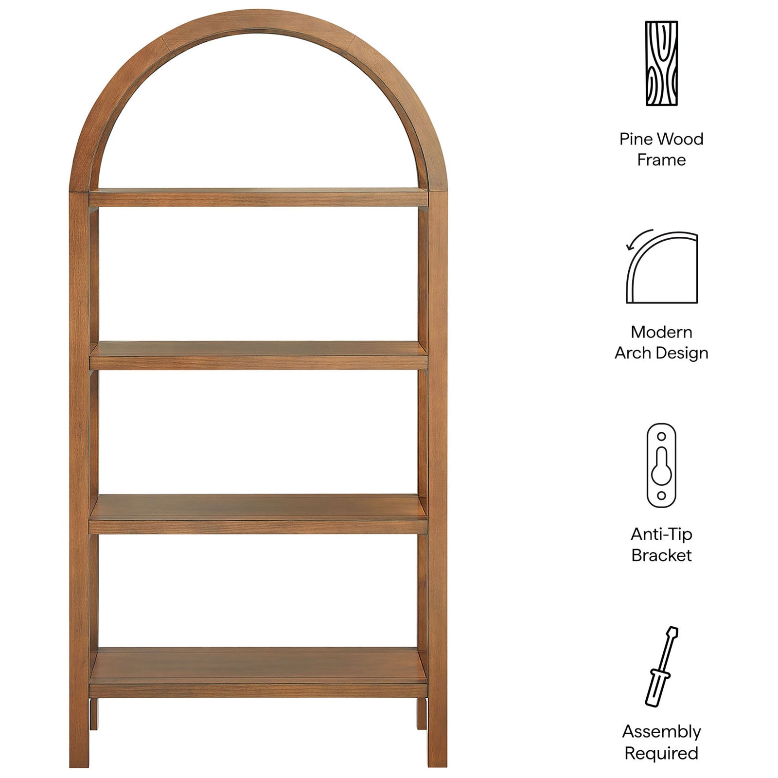 Key features include a pine wood frame, modern arch design, anti-tip bracket, and easy assembly || EEI-7317-WAL || callout_studio