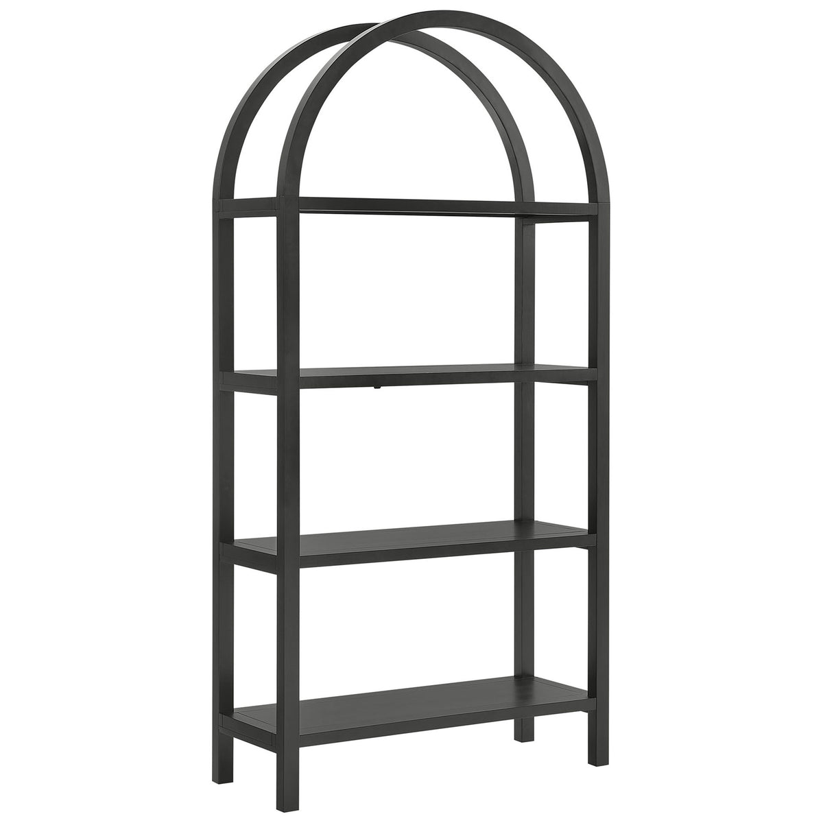 Wide black arched bookshelf with four pine shelves and a bold, modern frame || EEI-7318-BLK || front_angle_studio