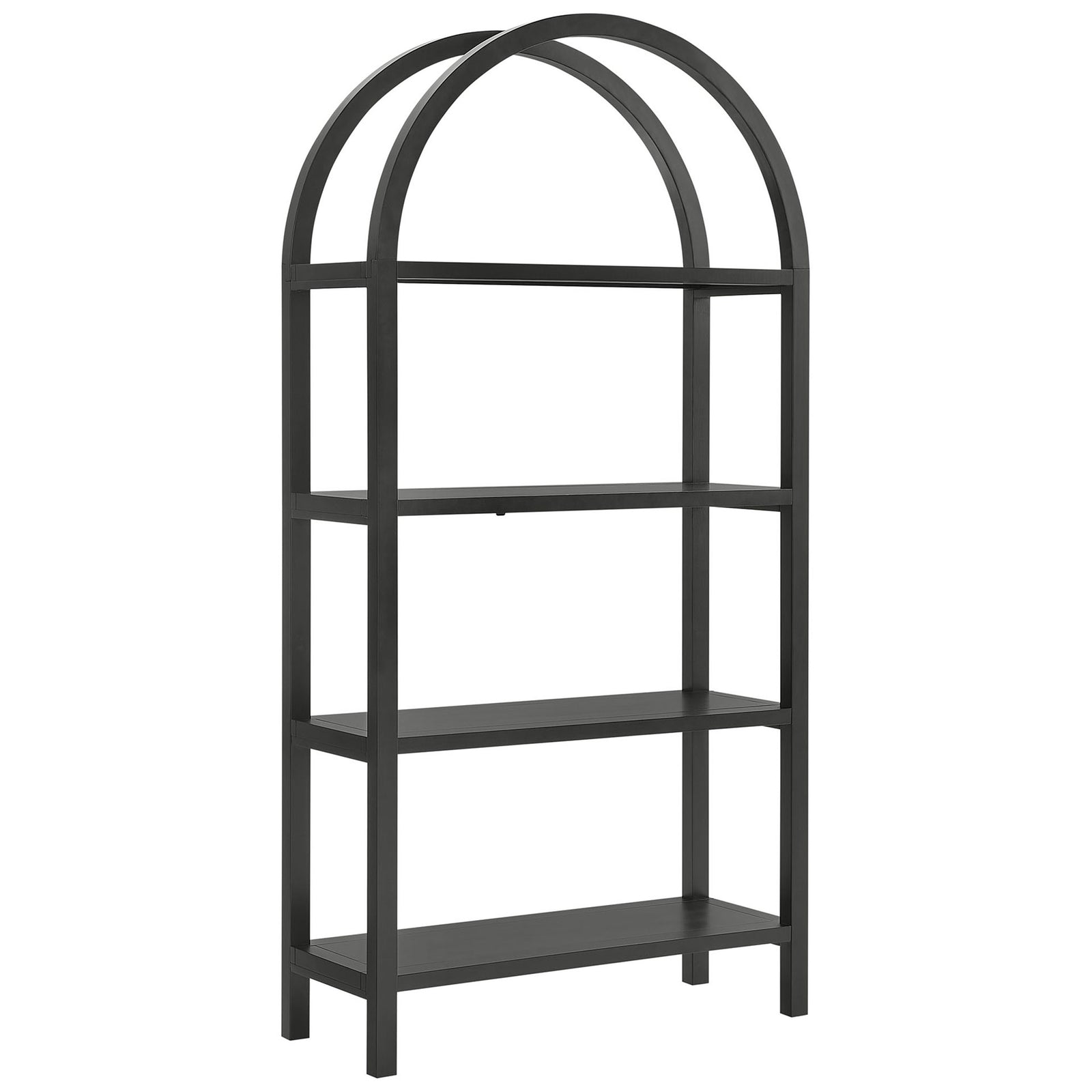 Wide black arched bookshelf with four pine shelves and a bold, modern frame || EEI-7318-BLK || front_angle_studio