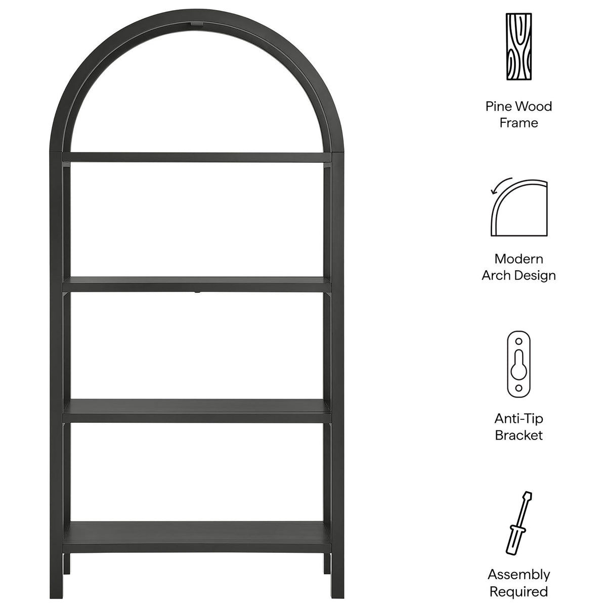 Highlighted features: pine wood construction, modern arch, anti-tip bracket, and quick assembly || EEI-7318-BLK || callout_studio