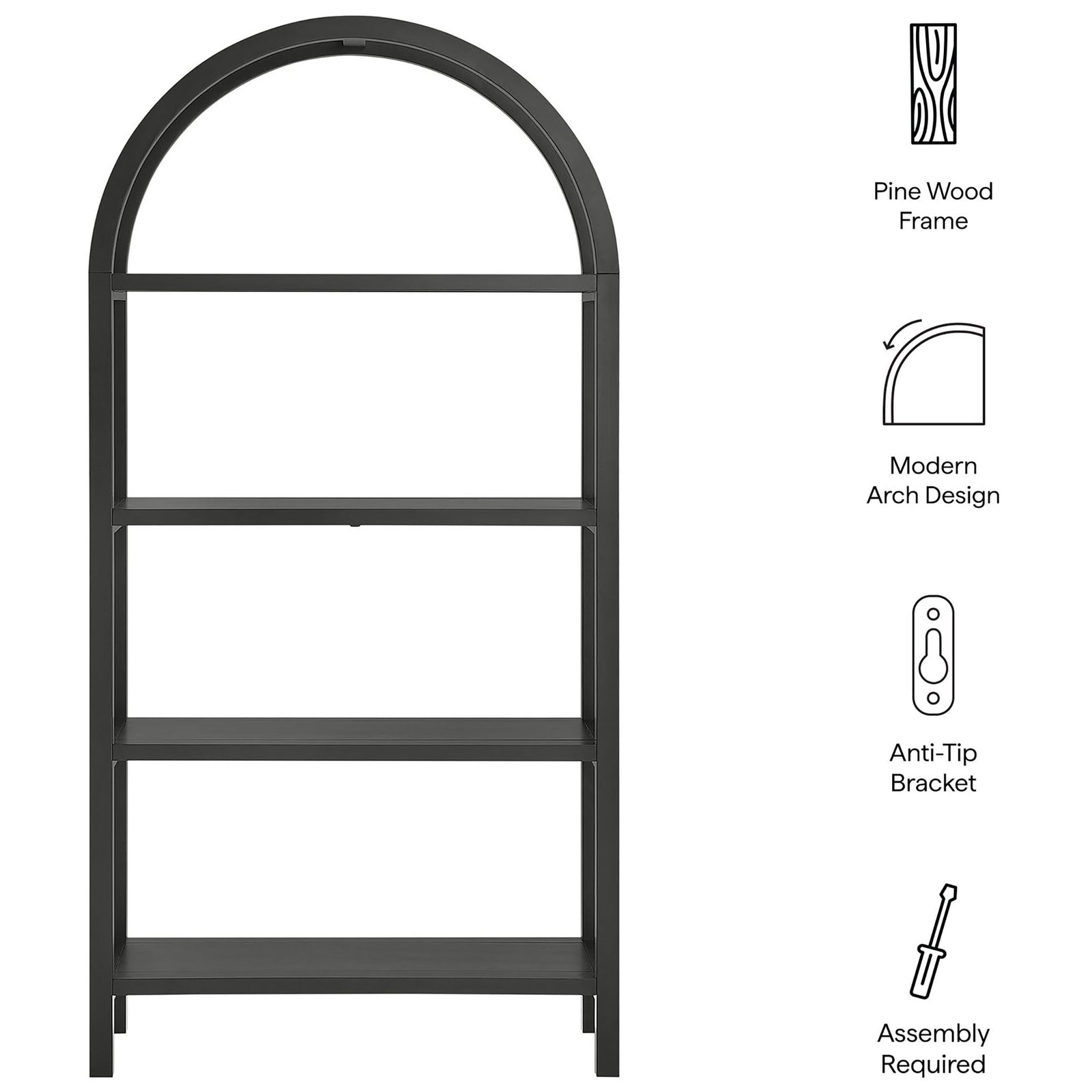 Highlighted features: pine wood construction, modern arch, anti-tip bracket, and quick assembly || EEI-7318-BLK || callout_studio