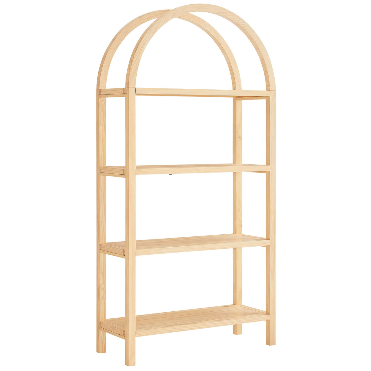 Graceful wide arch and open shelving craft an artful, modern display piece || EEI-7318-NAT || front_angle_studio