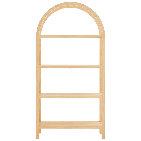 Wide arched bookshelf in natural wood with four spacious open shelves || EEI-7318-NAT || front_studio