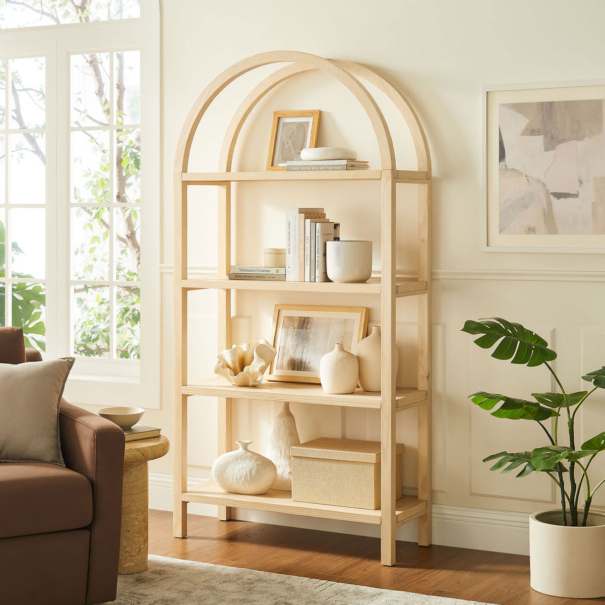 Makes a statement in the living room with a bold arch and generous open shelving || EEI-7318-NAT || front_angle_room