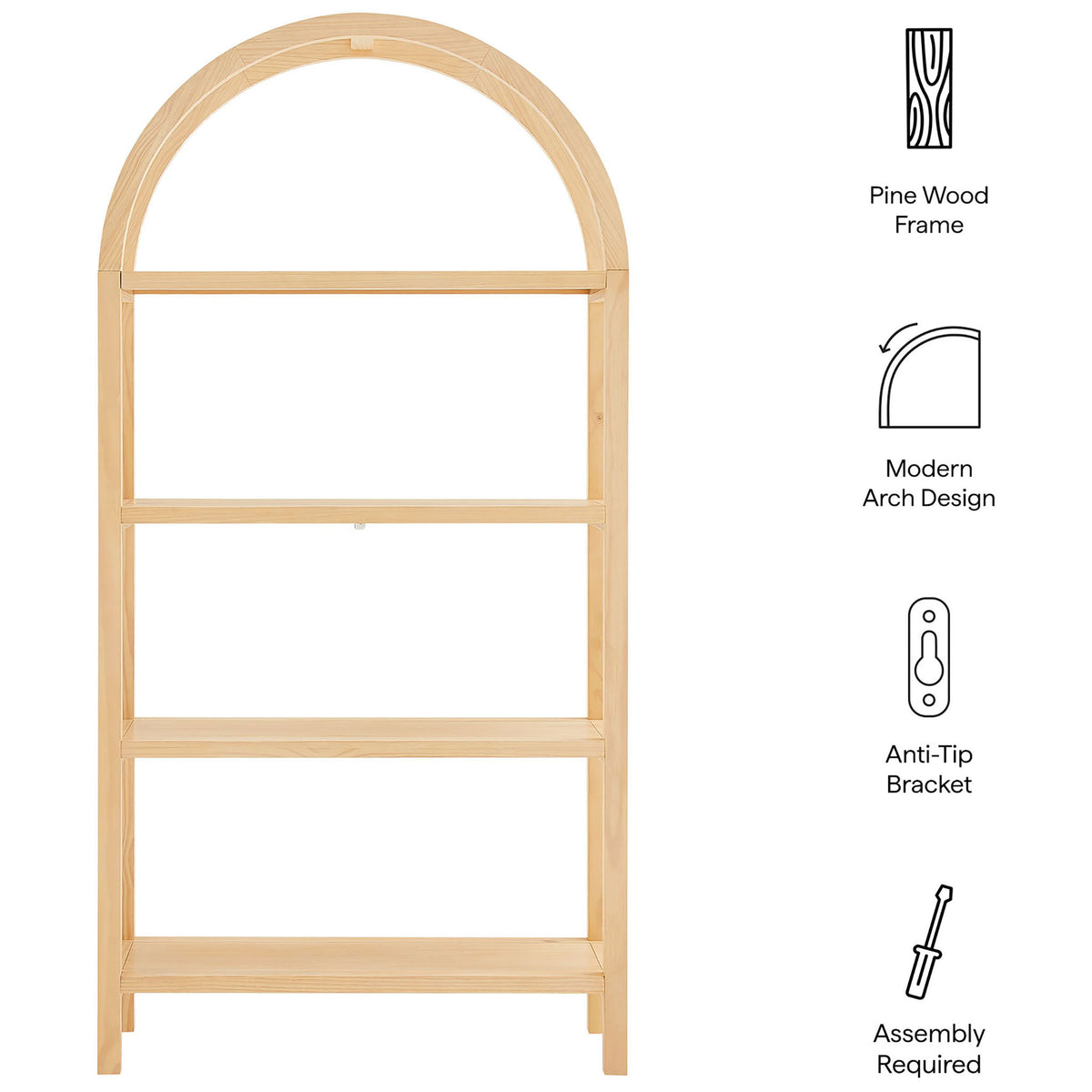 Highlights include pine wood frame, modern arch, anti-tip bracket, and simple assembly || EEI-7318-NAT || callout_studio
