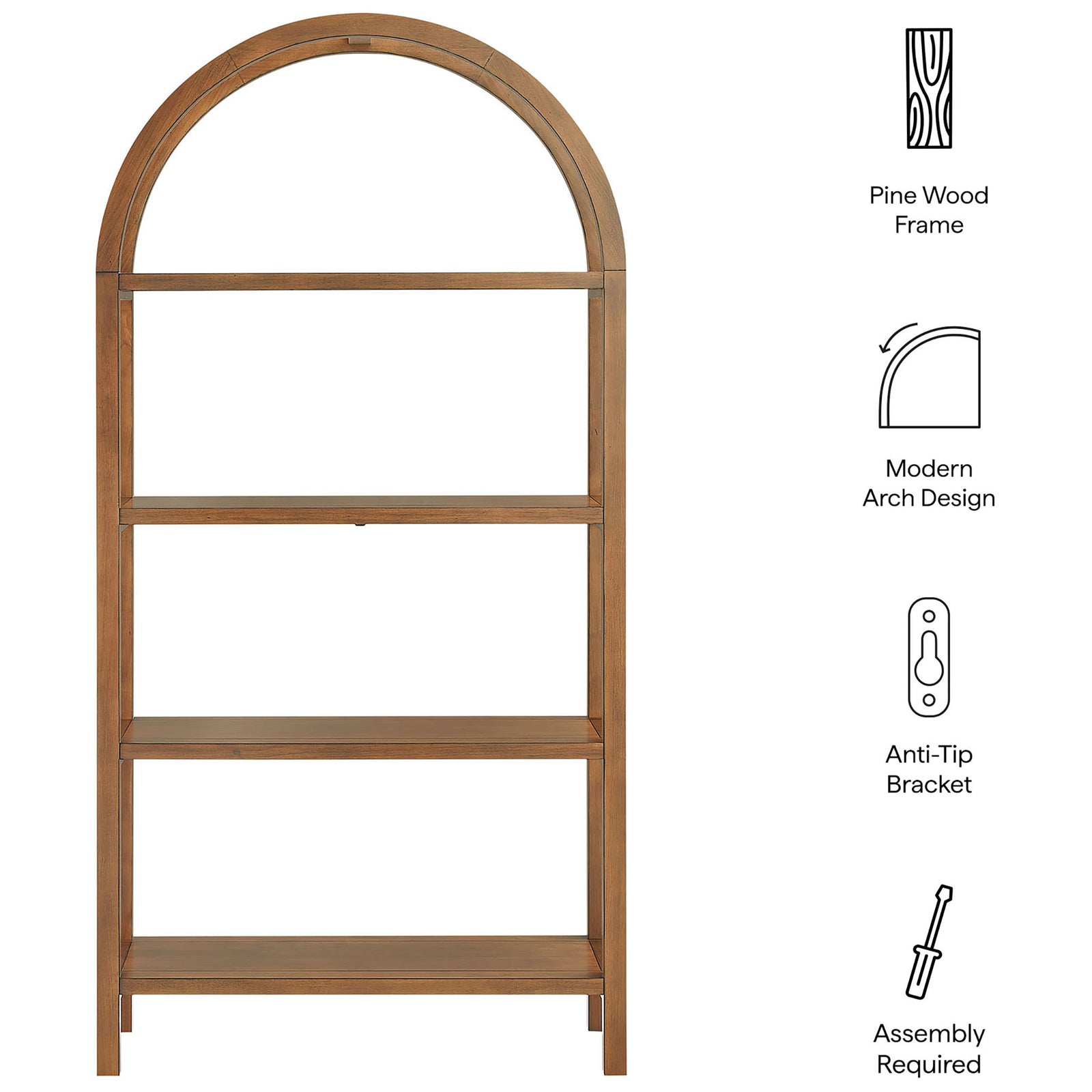 Feature highlights: pine wood frame, modern arch design, anti-tip safety, assembly required || EEI-7318-WAL || callout_studio
