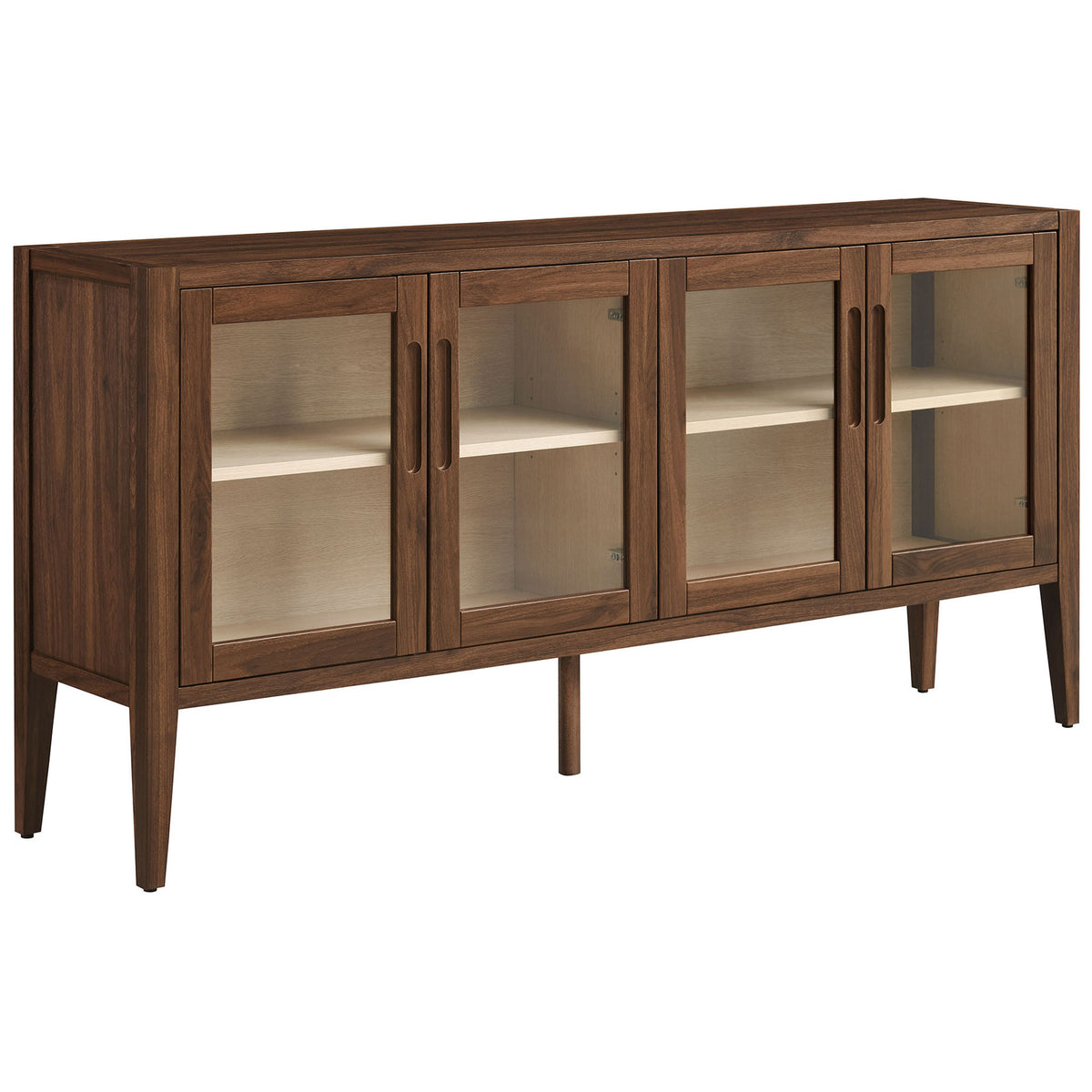 Walnut sideboard with four glass doors and slim tapered legs for airy, modern storage || EEI-7319-WAL-ASH || front_angle_studio